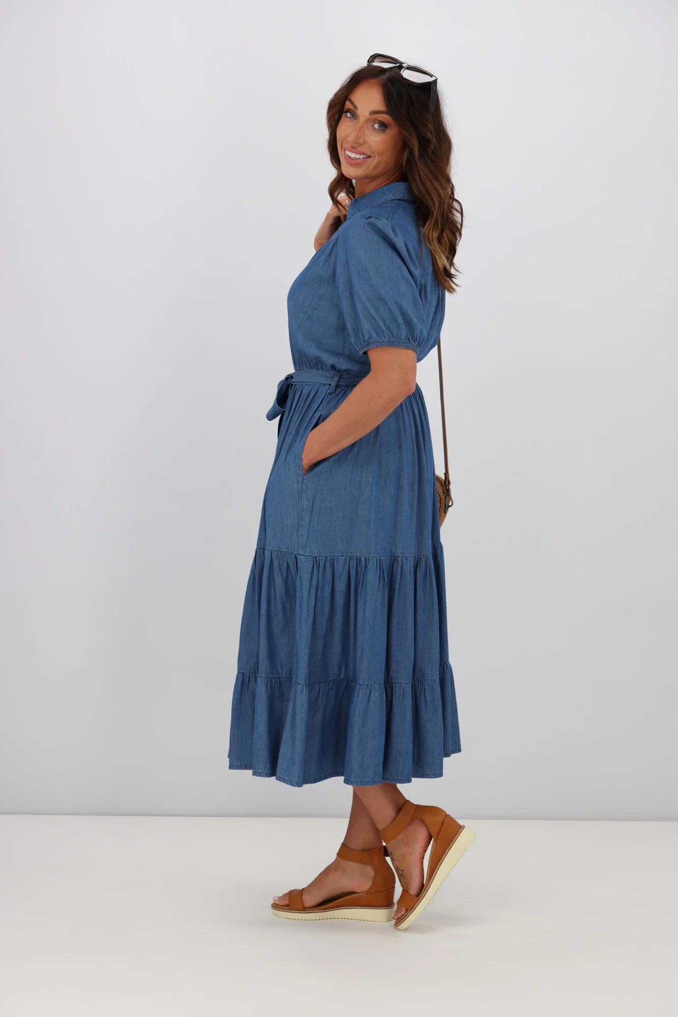 Shine On Label Evette Chambray Tiered Dress Blue - Image 5