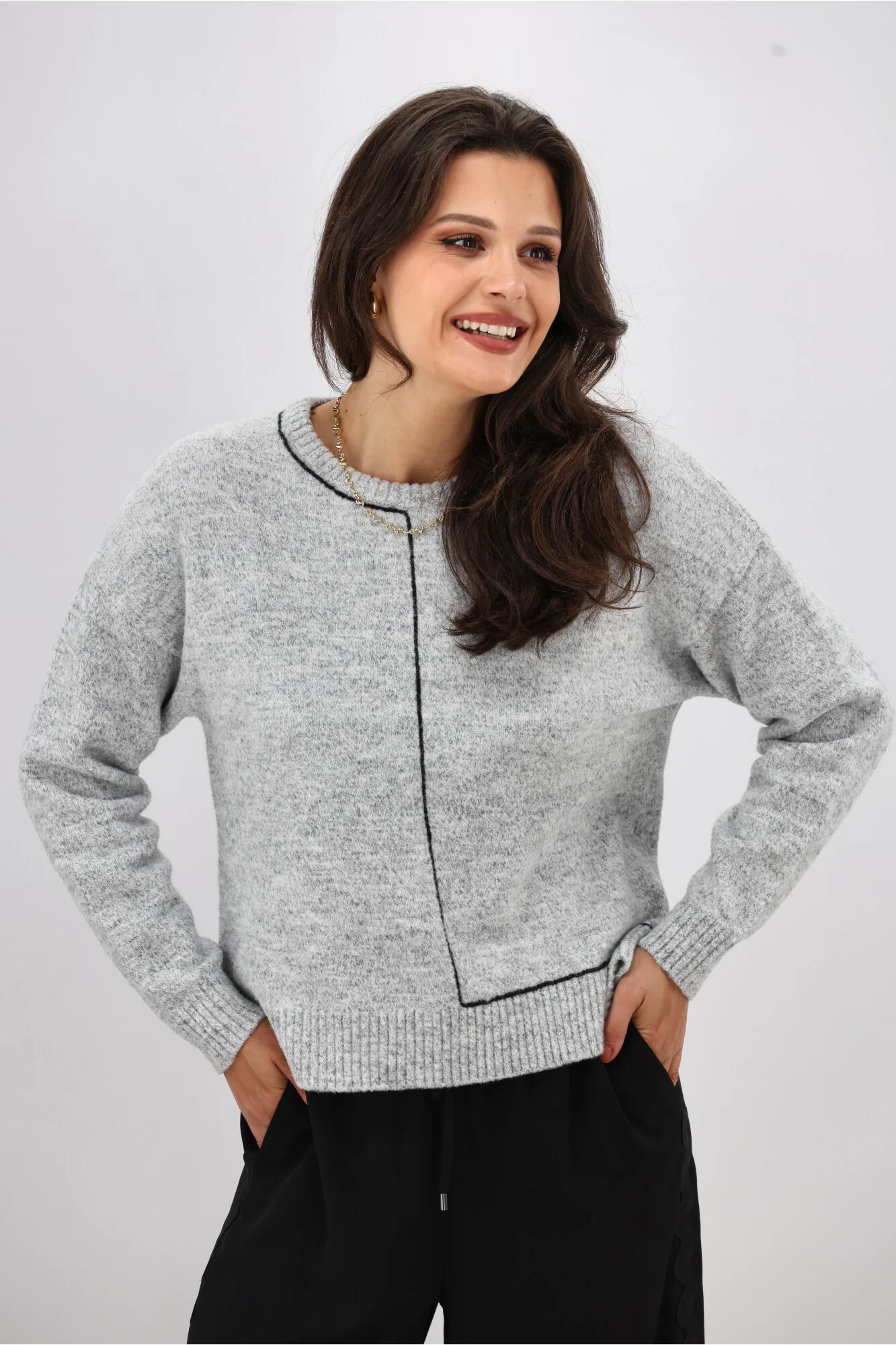 Shine On Label Excel Crew with Contrast Chain Link Detail Jumper Grey with Black - Image 3