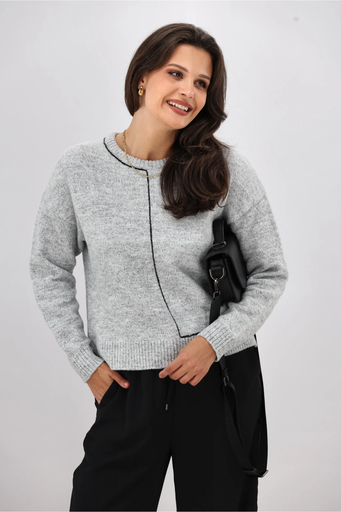 Shine On Label Excel Crew with Contrast Chain Link Detail Jumper Grey with Black - Image 4