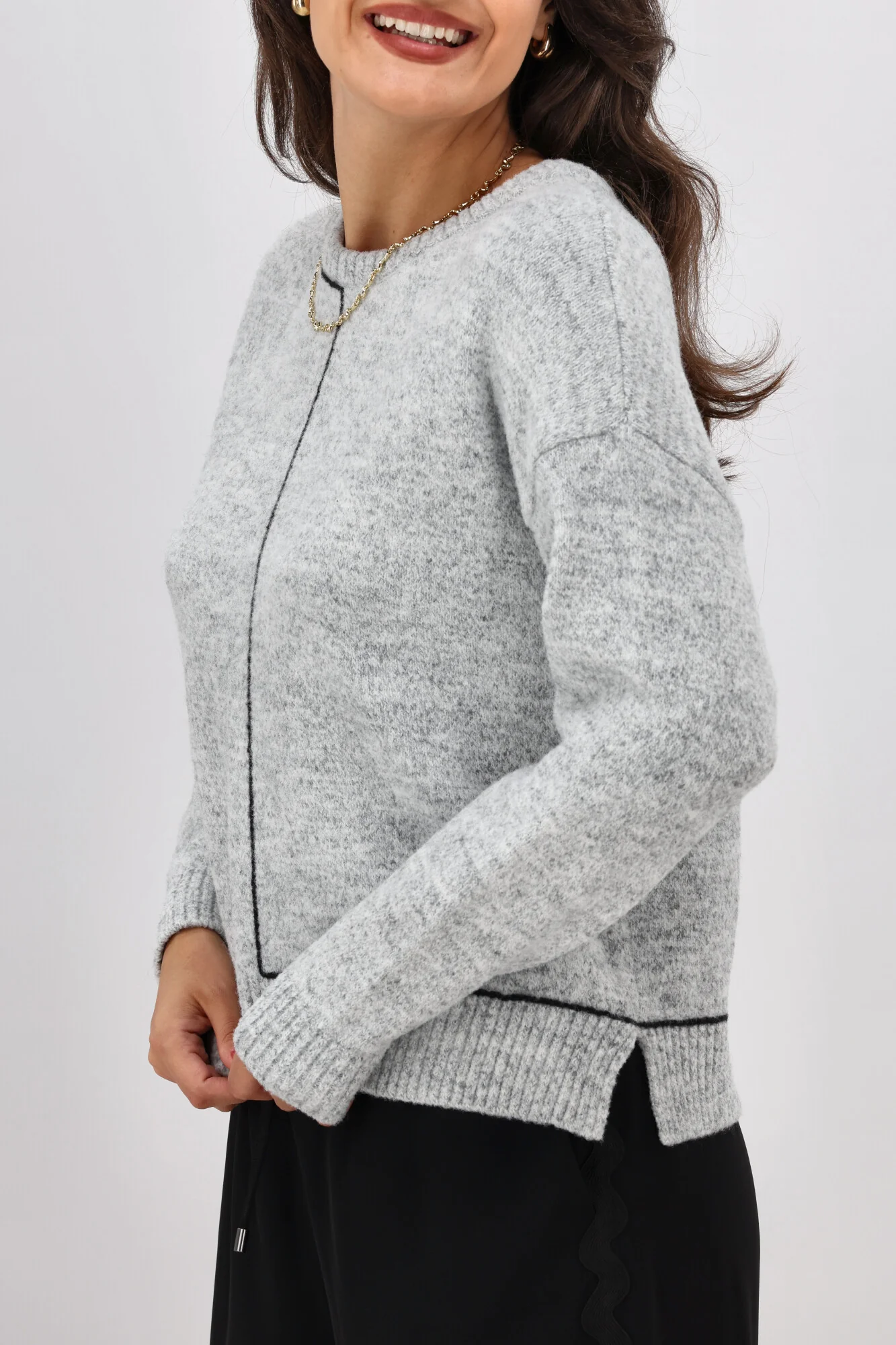 Shine On Label Excel Crew with Contrast Chain Link Detail Jumper Grey with Black - Image 7