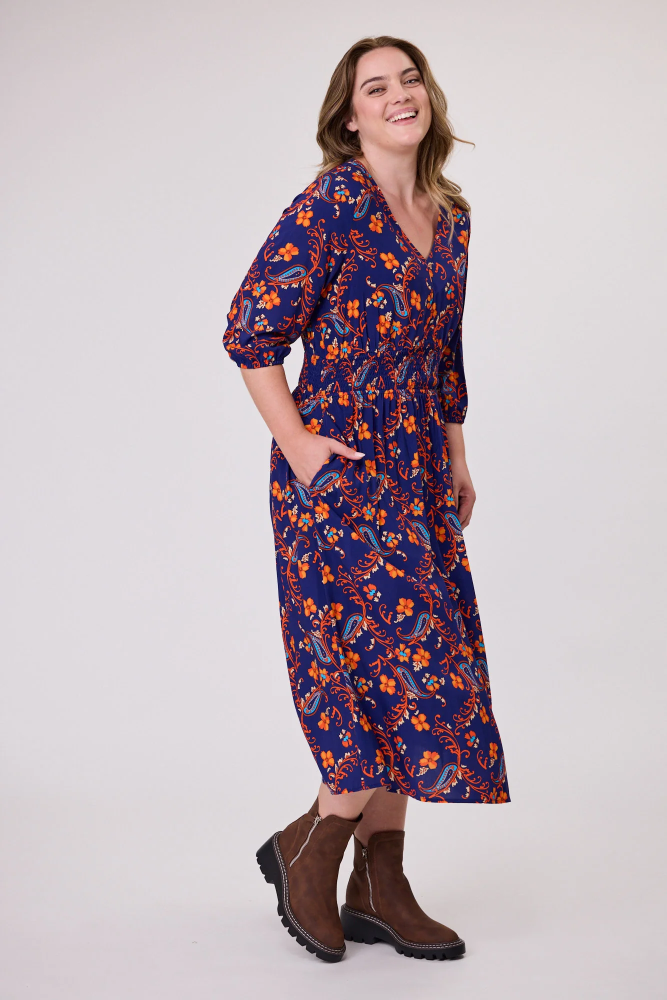 Shine On Label Fayrah Shirred Waist Dress Navy Paisley - Image 3
