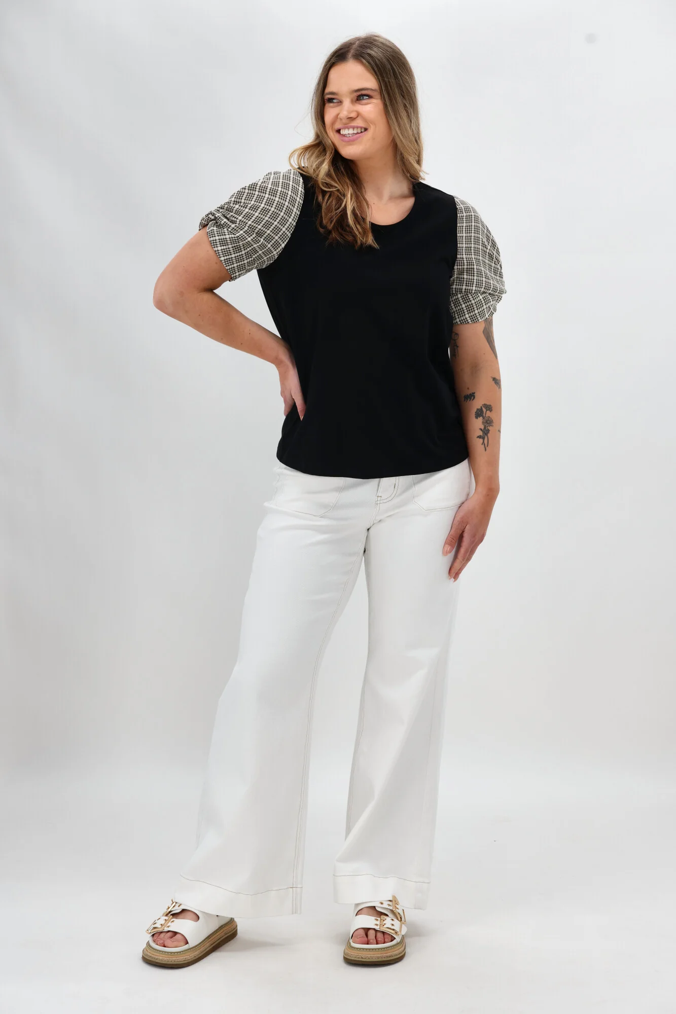 Shine On Label Garan Spliced Knit Tee with Woven Check Sleeve Black Natural - Image 2