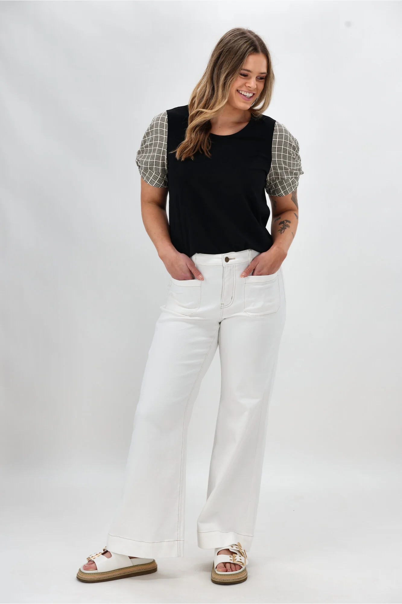 Shine On Label Garan Spliced Knit Tee with Woven Check Sleeve Black Natural - Image 3