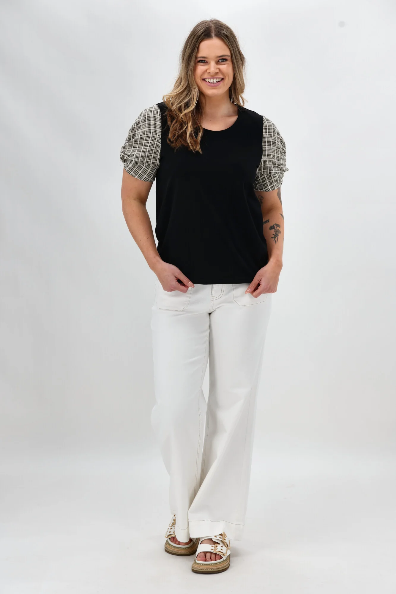 Shine On Label Garan Spliced Knit Tee with Woven Check Sleeve Black Natural - Image 4