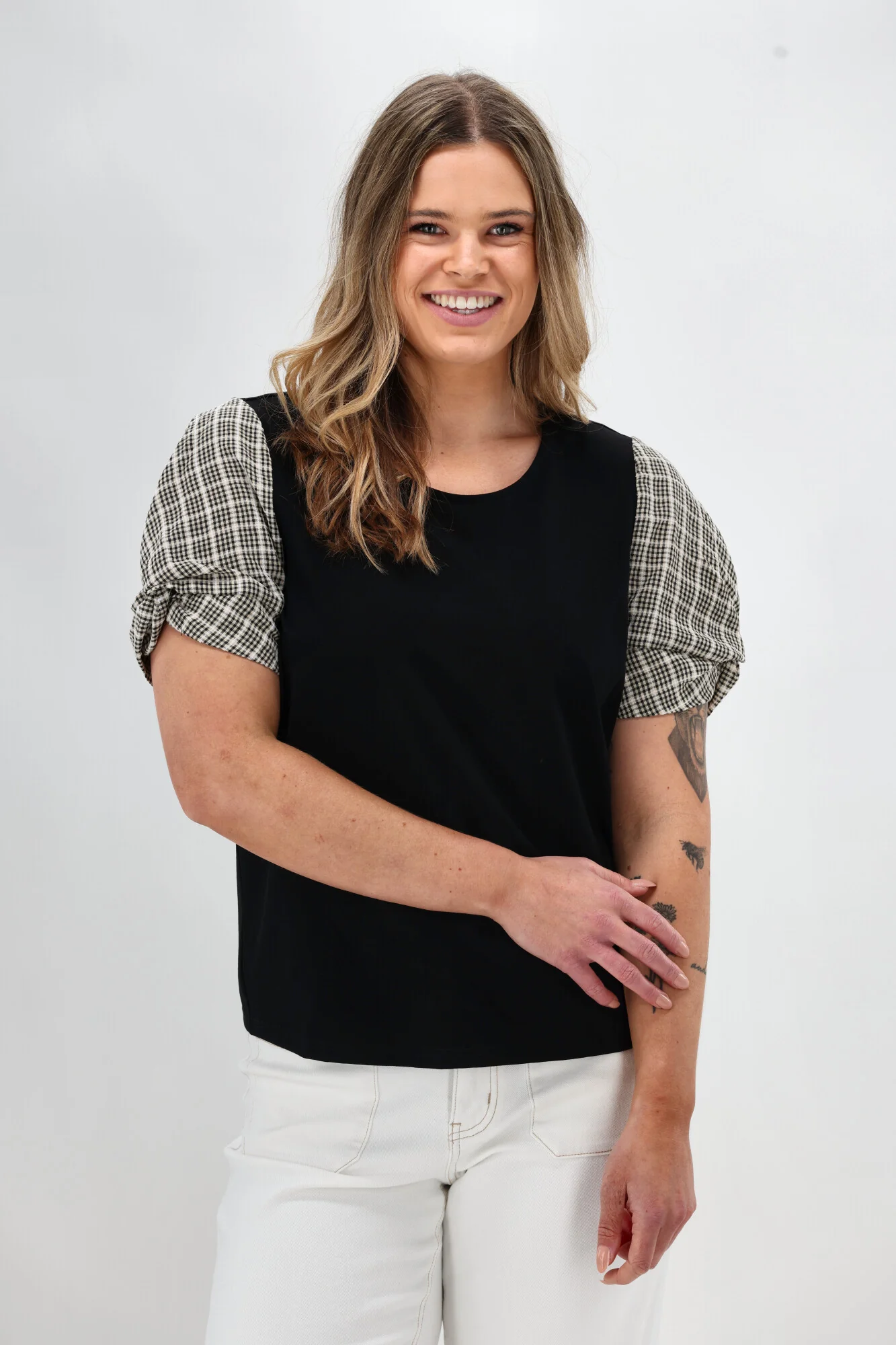 Shine On Label Garan Spliced Knit Tee with Woven Check Sleeve Black Natural - Image 5