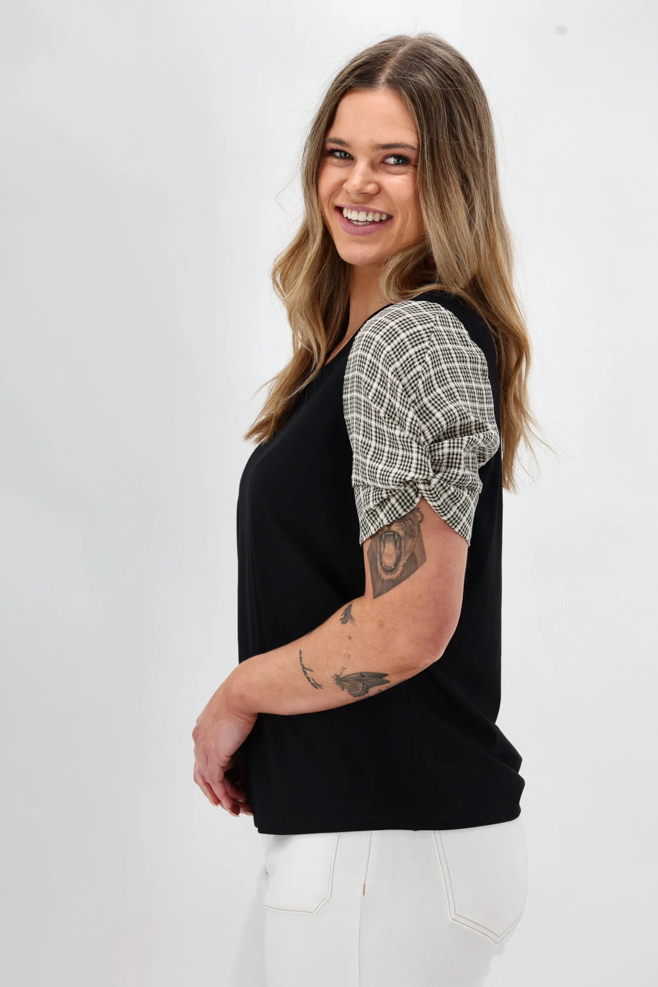 Shine On Label Garan Spliced Knit Tee with Woven Check Sleeve Black Natural - Image 6