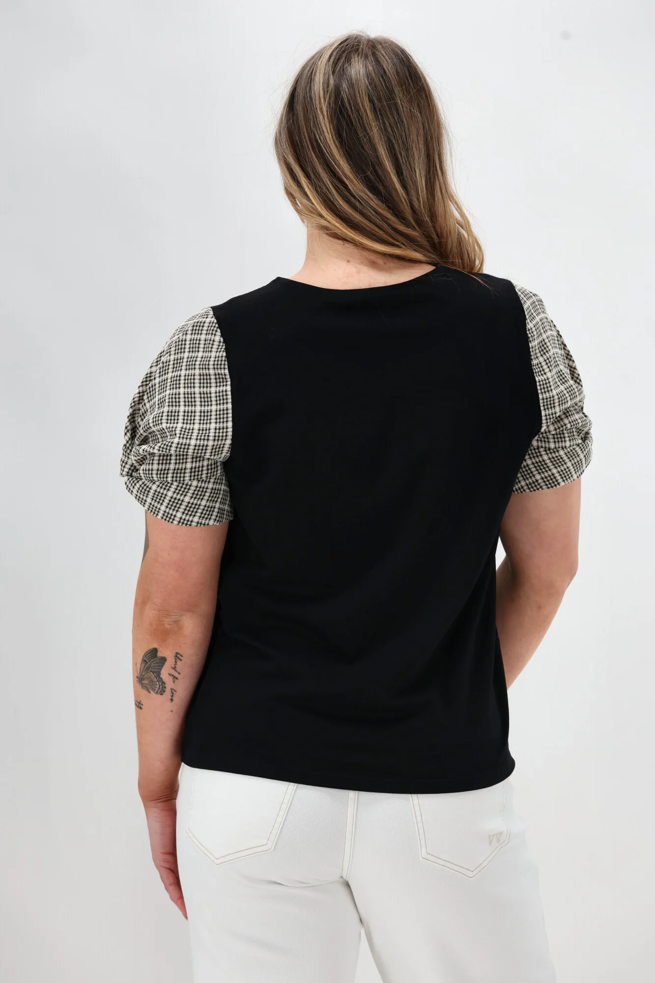 Shine On Label Garan Spliced Knit Tee with Woven Check Sleeve Black Natural - Image 7