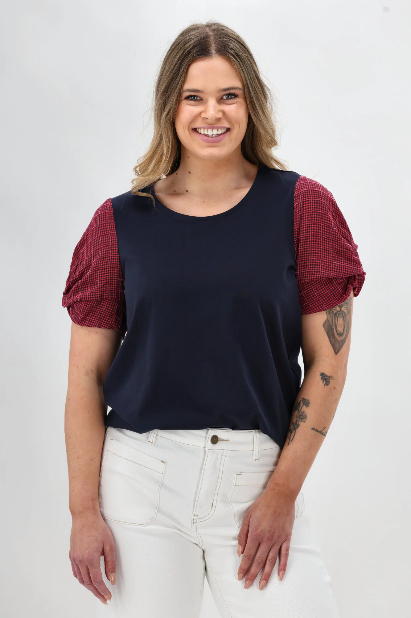 Shine On Label Garan Spliced Knit Tee with Woven Check Sleeve Navy Pink