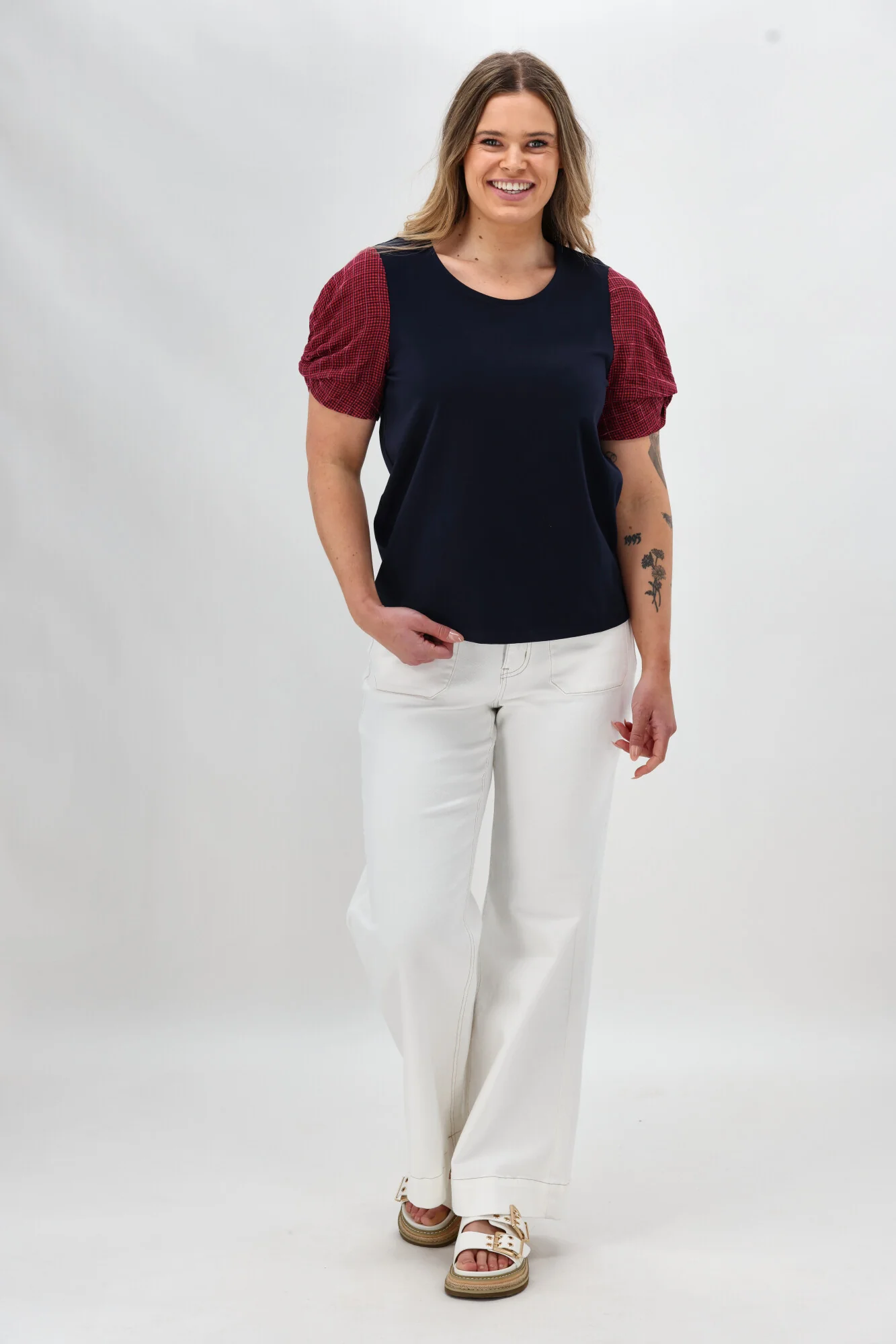 Shine On Label Garan Spliced Knit Tee with Woven Check Sleeve Navy Pink - Image 2