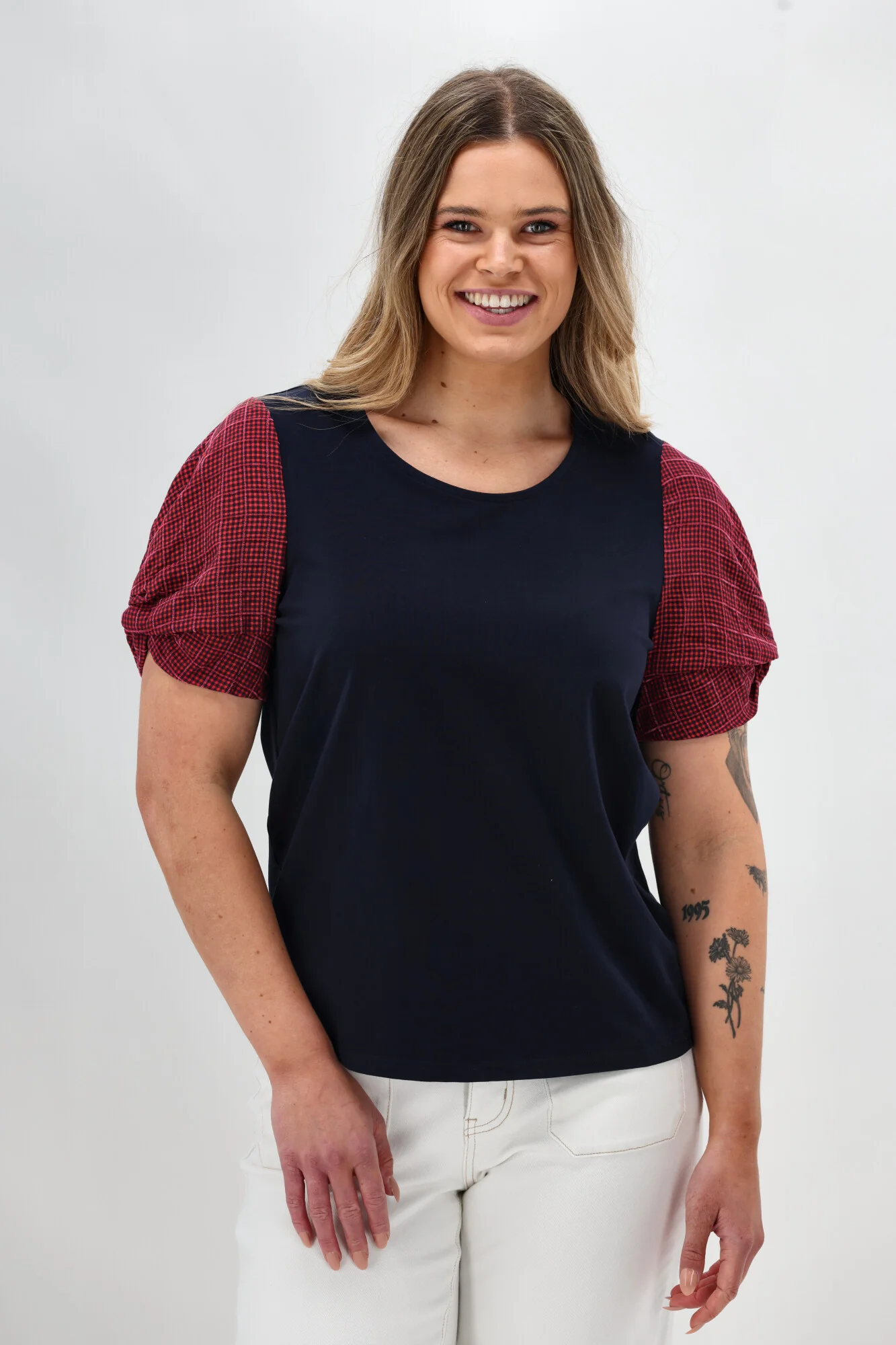 Shine On Label Garan Spliced Knit Tee with Woven Check Sleeve Navy Pink - Image 3