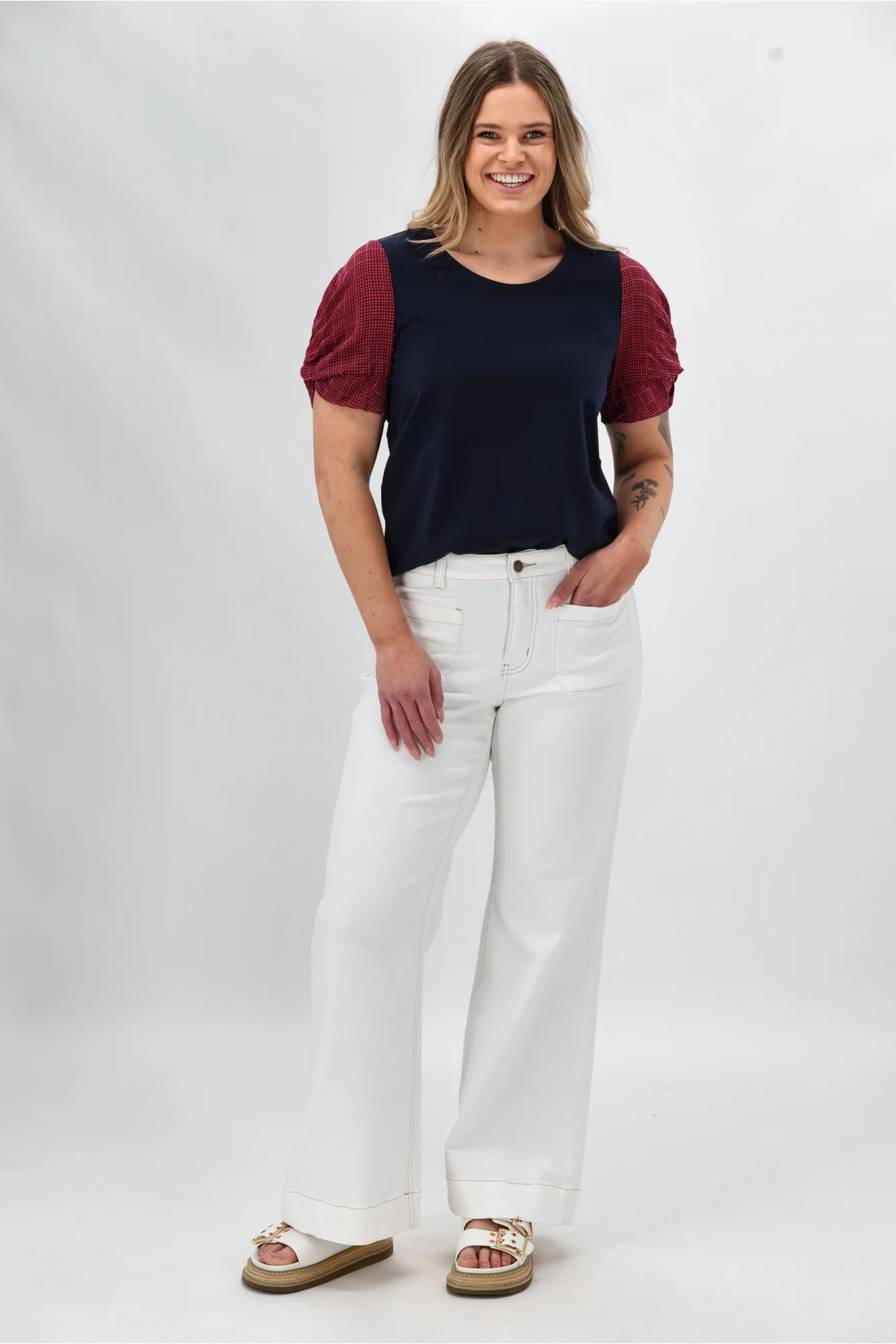 Shine On Label Garan Spliced Knit Tee with Woven Check Sleeve Navy Pink - Image 4
