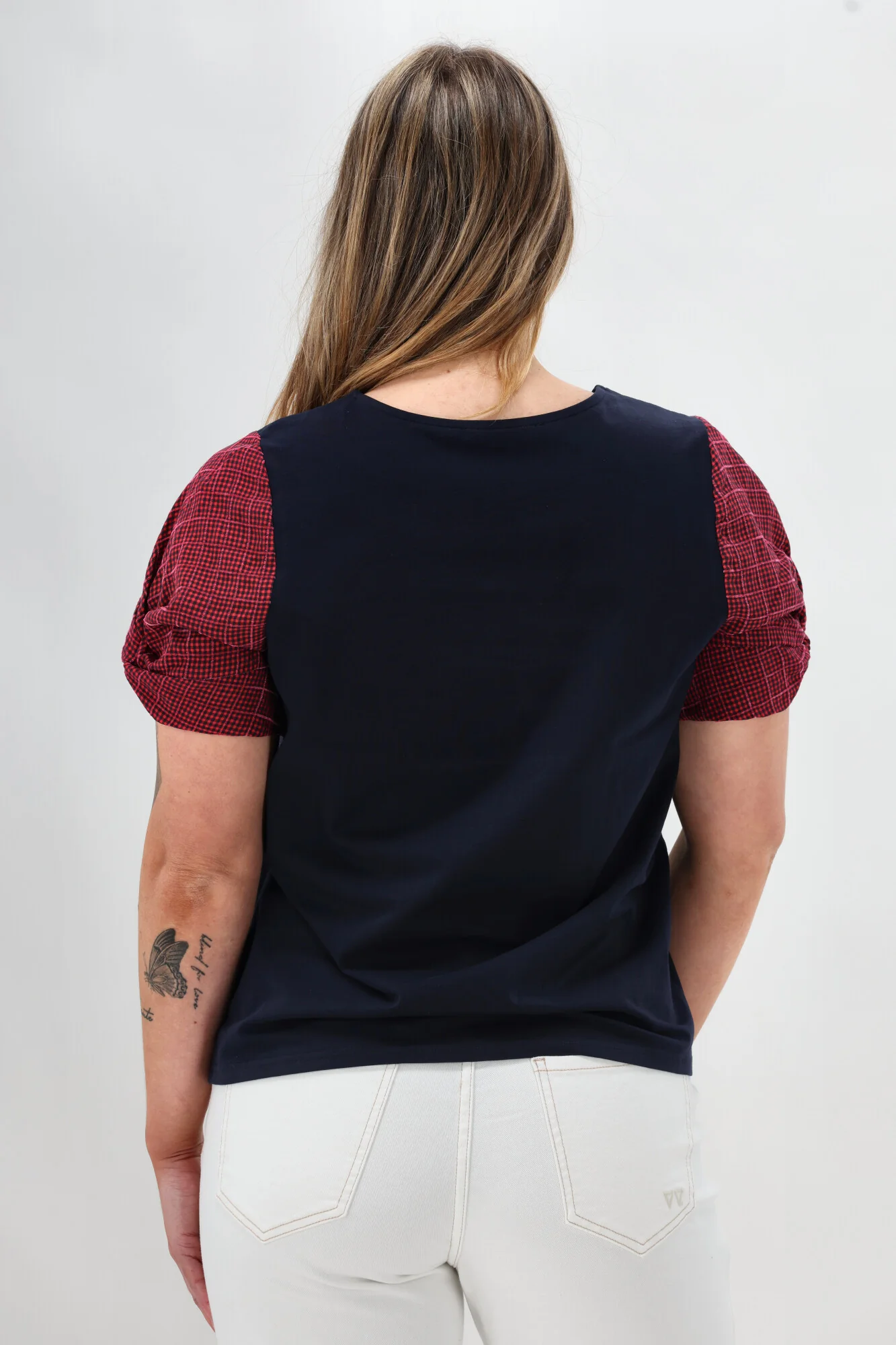 Shine On Label Garan Spliced Knit Tee with Woven Check Sleeve Navy Pink - Image 7
