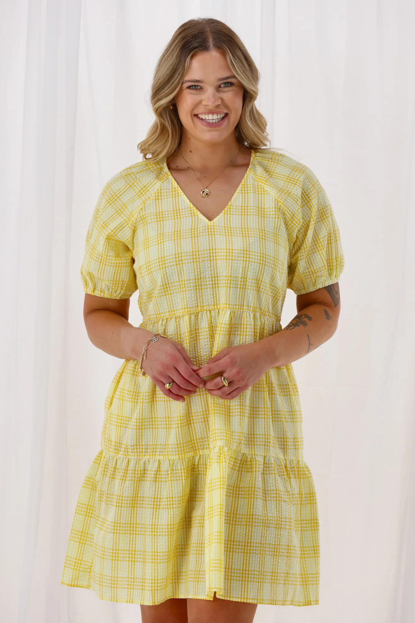 Shine On Label Hampshire Check Tier Dress Yellow - Image 2