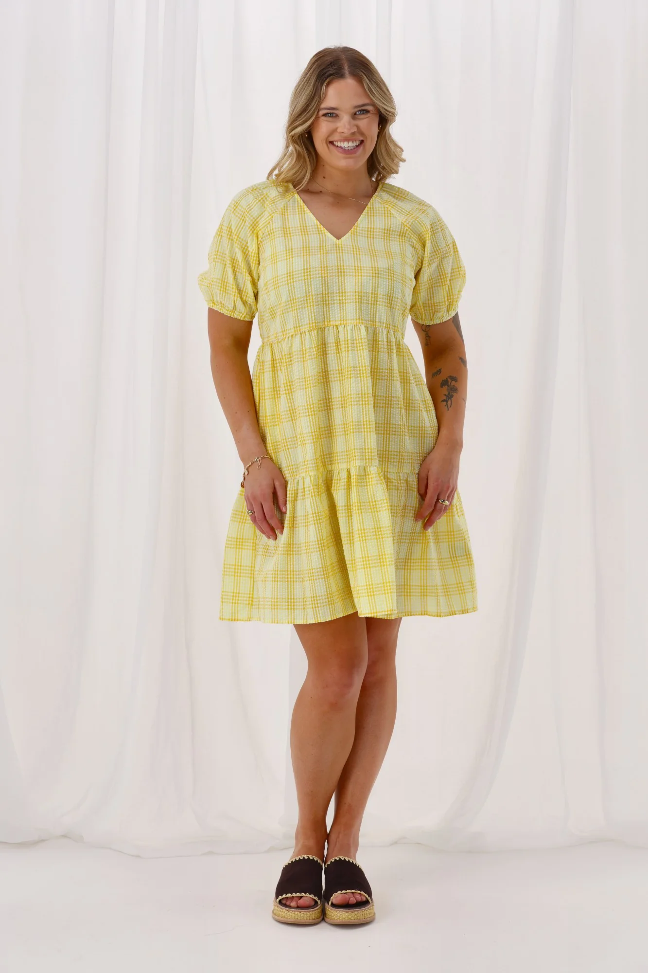 Shine On Label Hampshire Check Tier Dress Yellow - Image 3