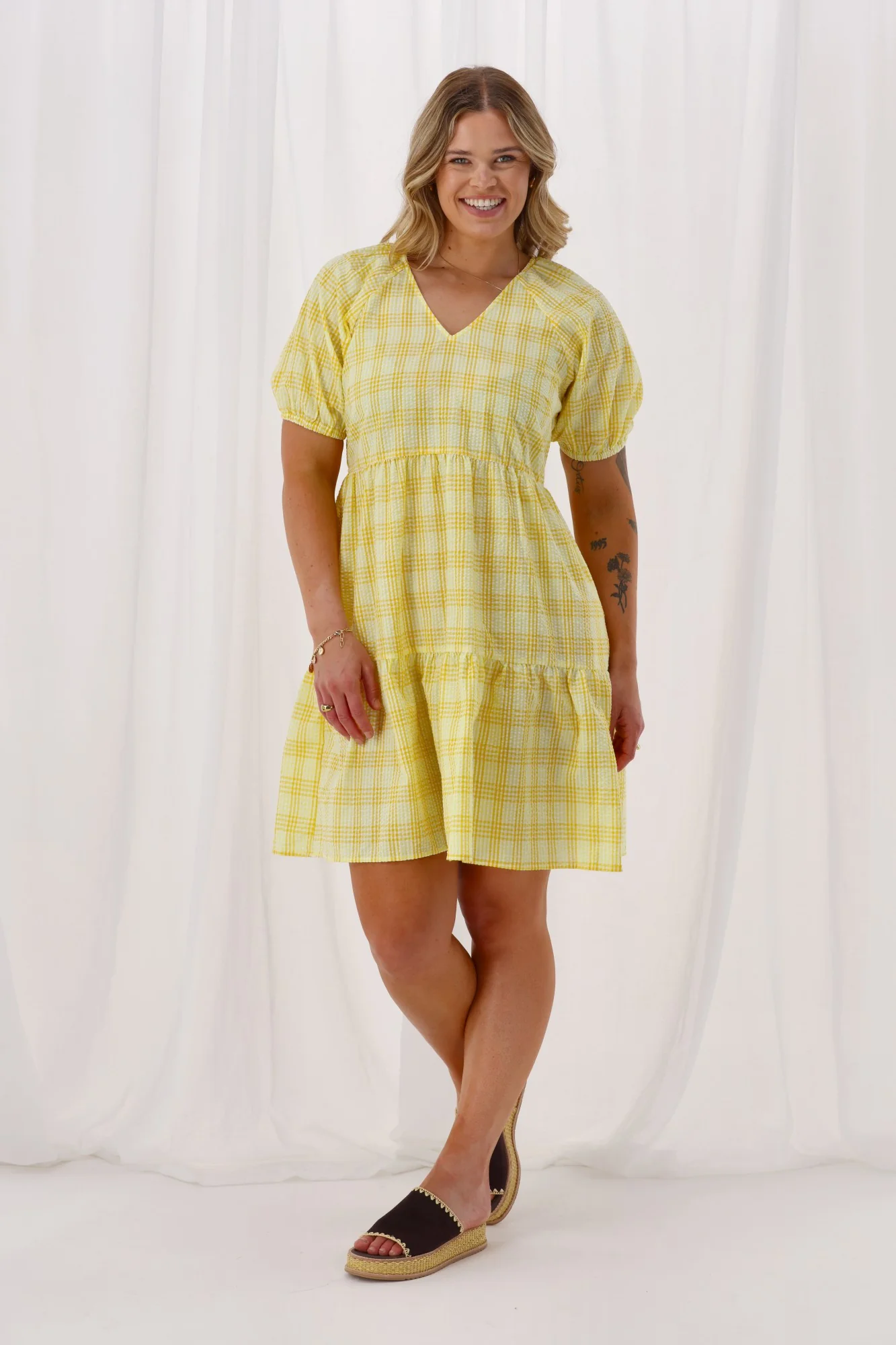 Shine On Label Hampshire Check Tier Dress Yellow - Image 4