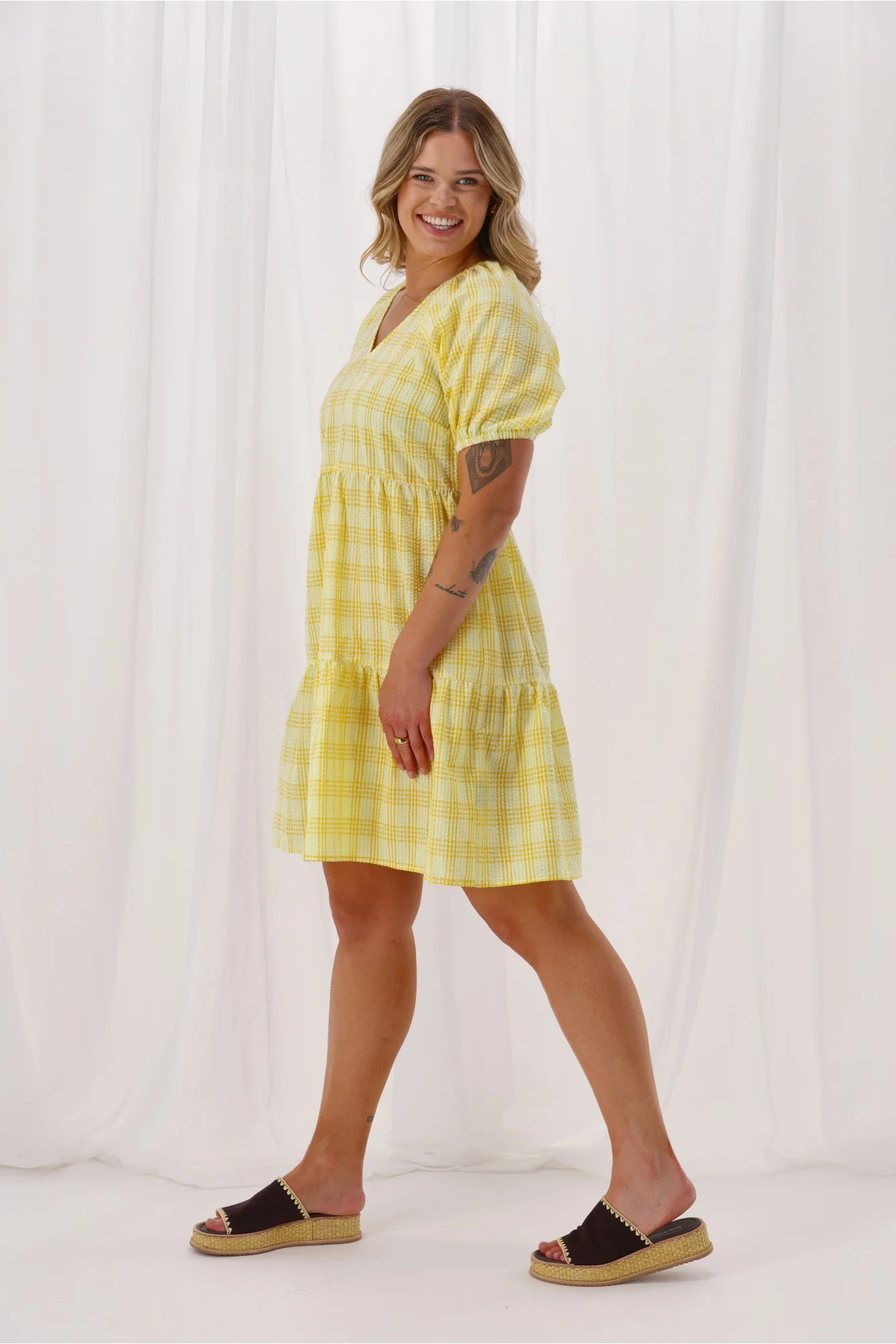 Shine On Label Hampshire Check Tier Dress Yellow - Image 5