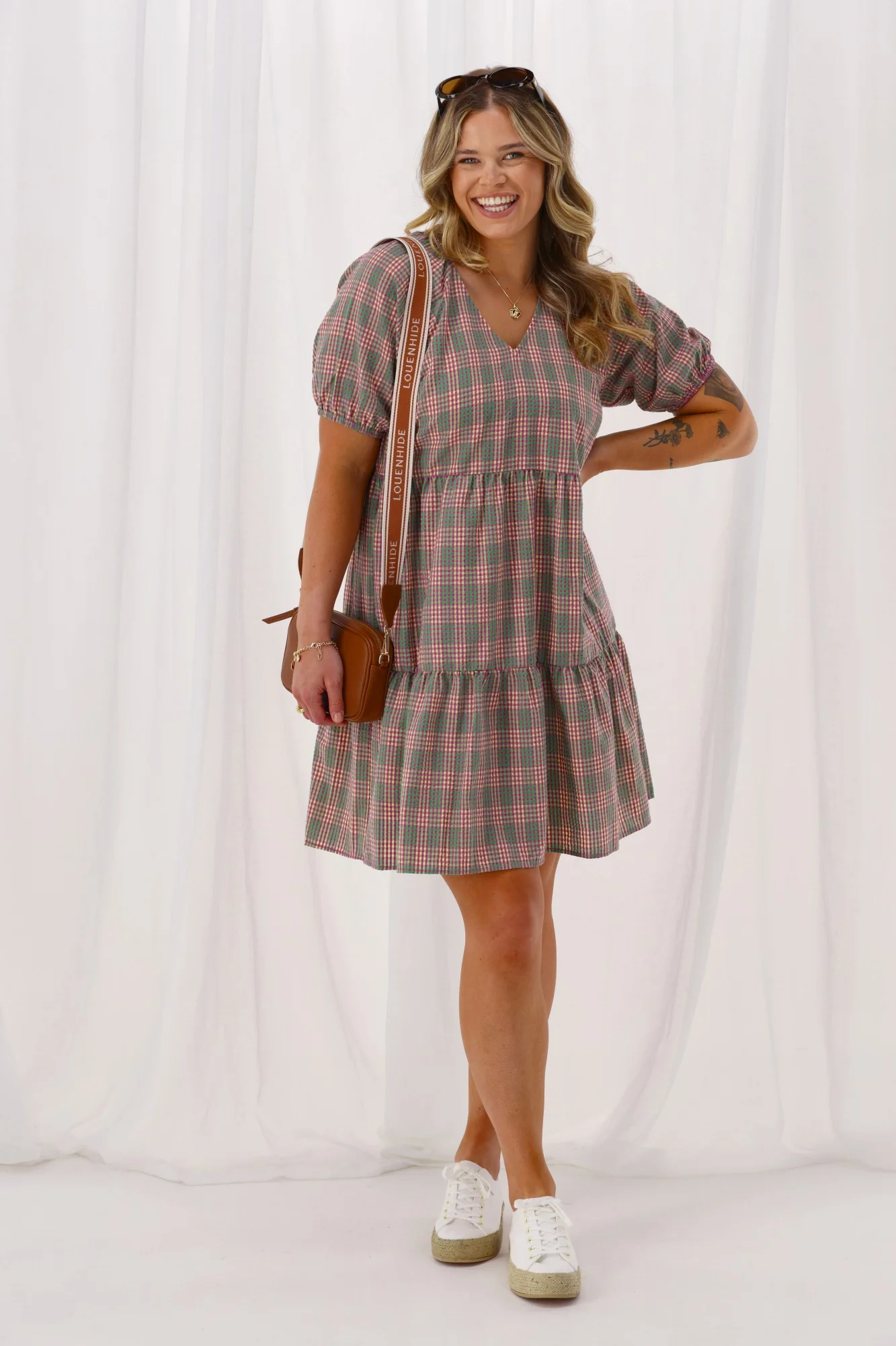 Shine On Label Hampshire Checked Tier Dress Pink Green