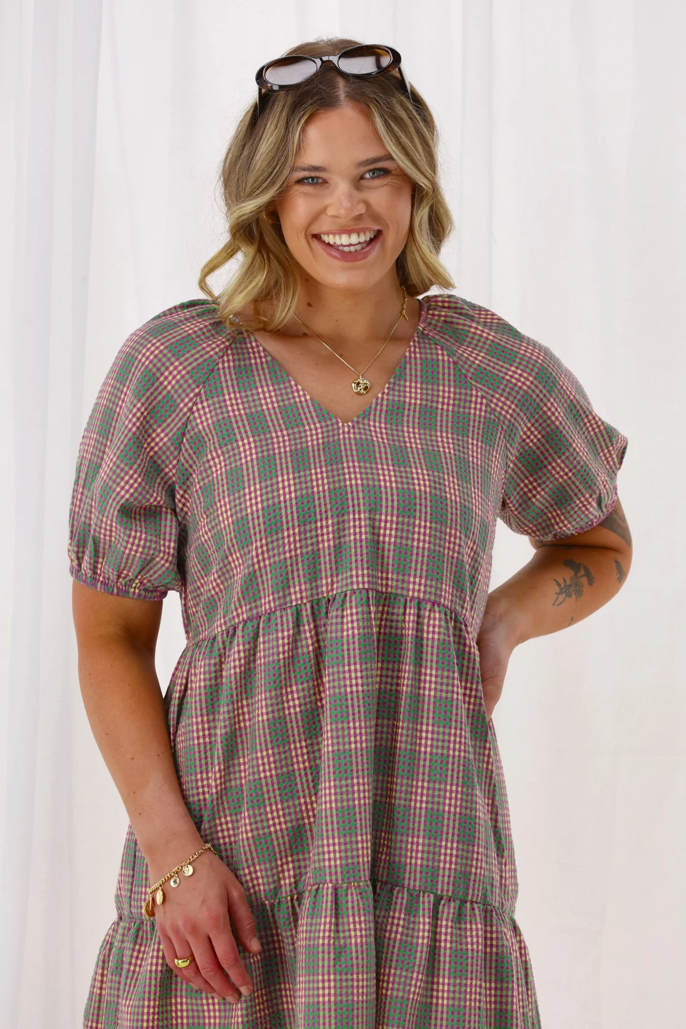 Shine On Label Hampshire Checked Tier Dress Pink Green - Image 2