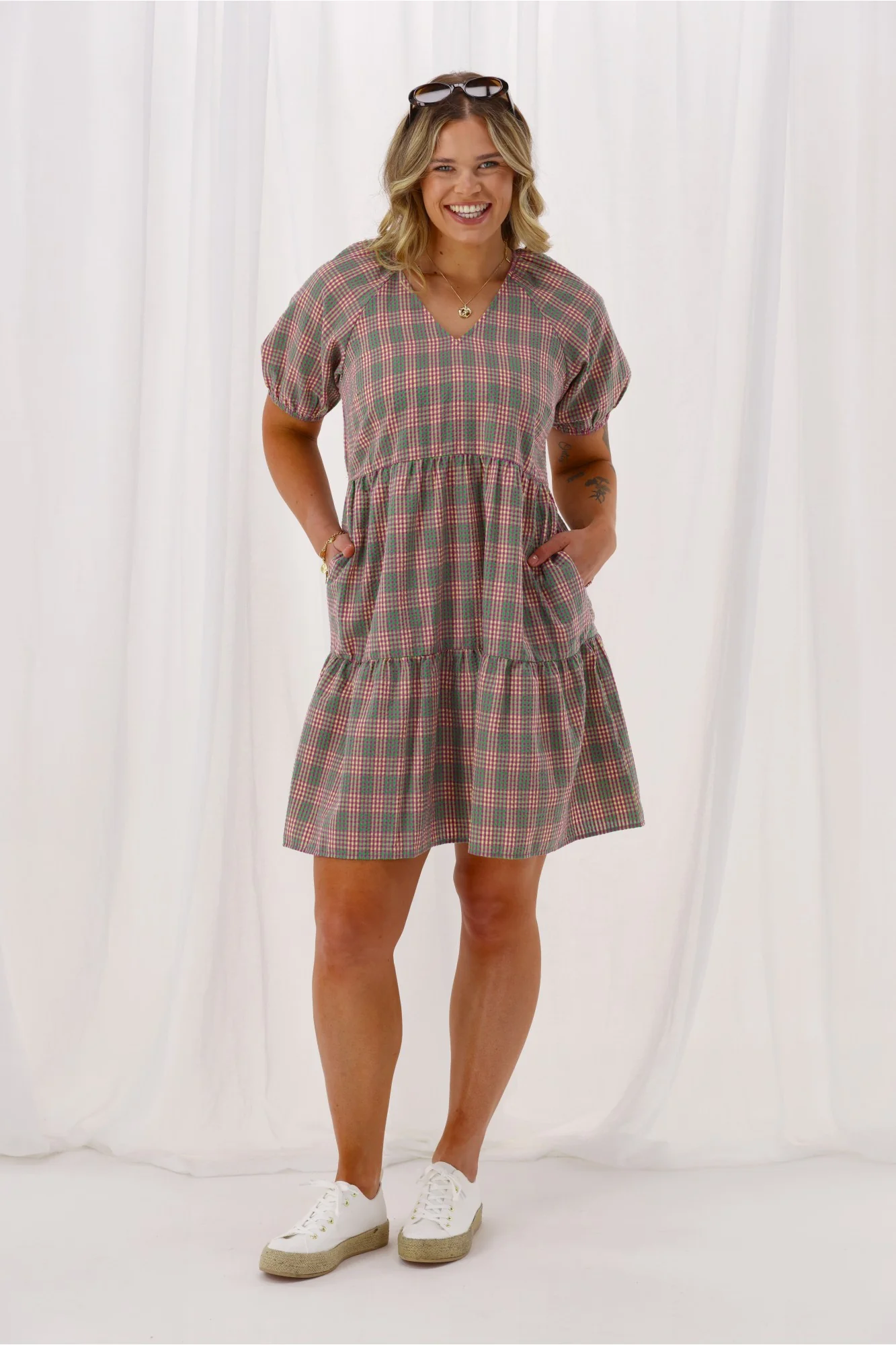 Shine On Label Hampshire Checked Tier Dress Pink Green - Image 3
