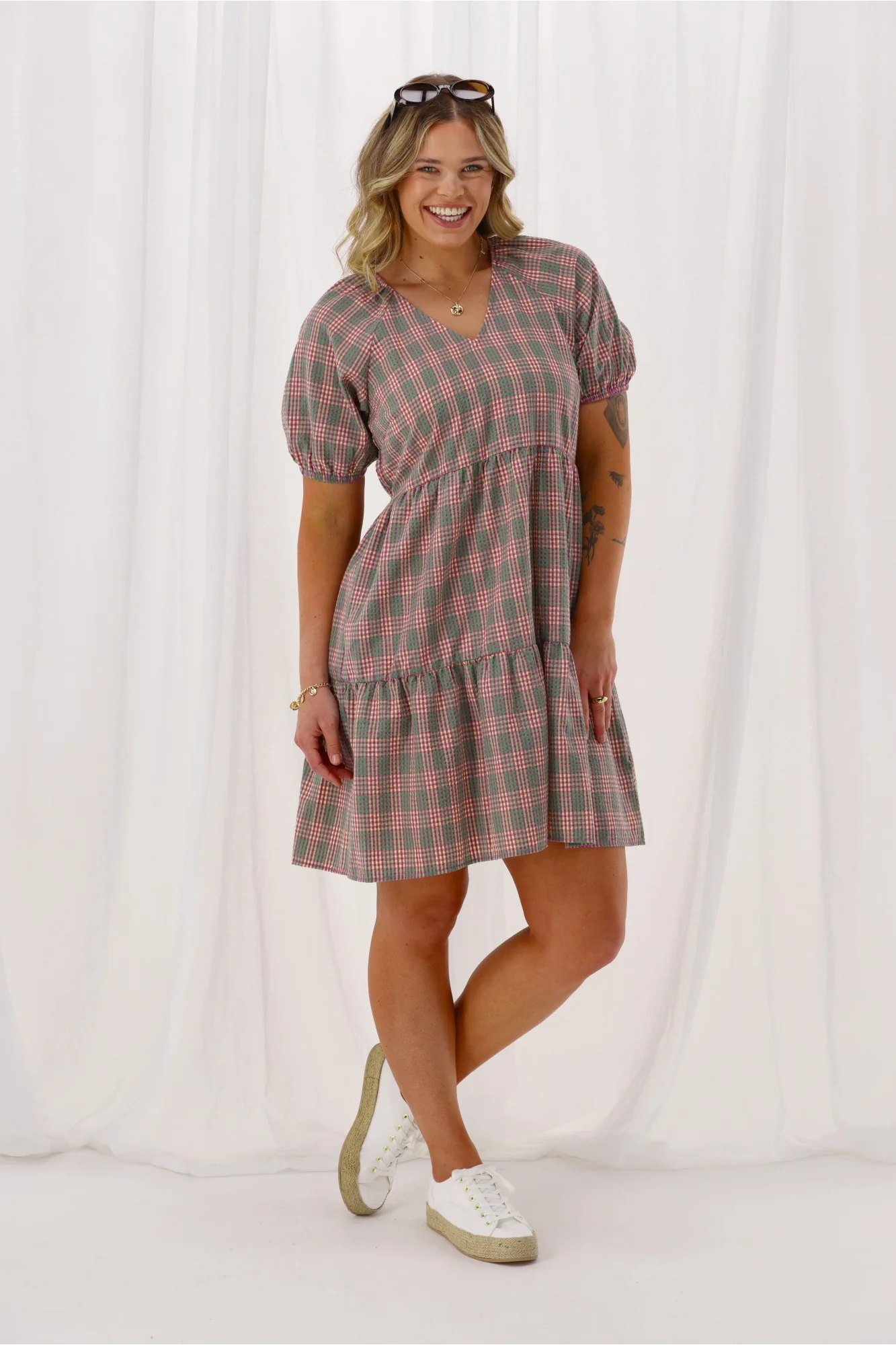 Shine On Label Hampshire Checked Tier Dress Pink Green - Image 5