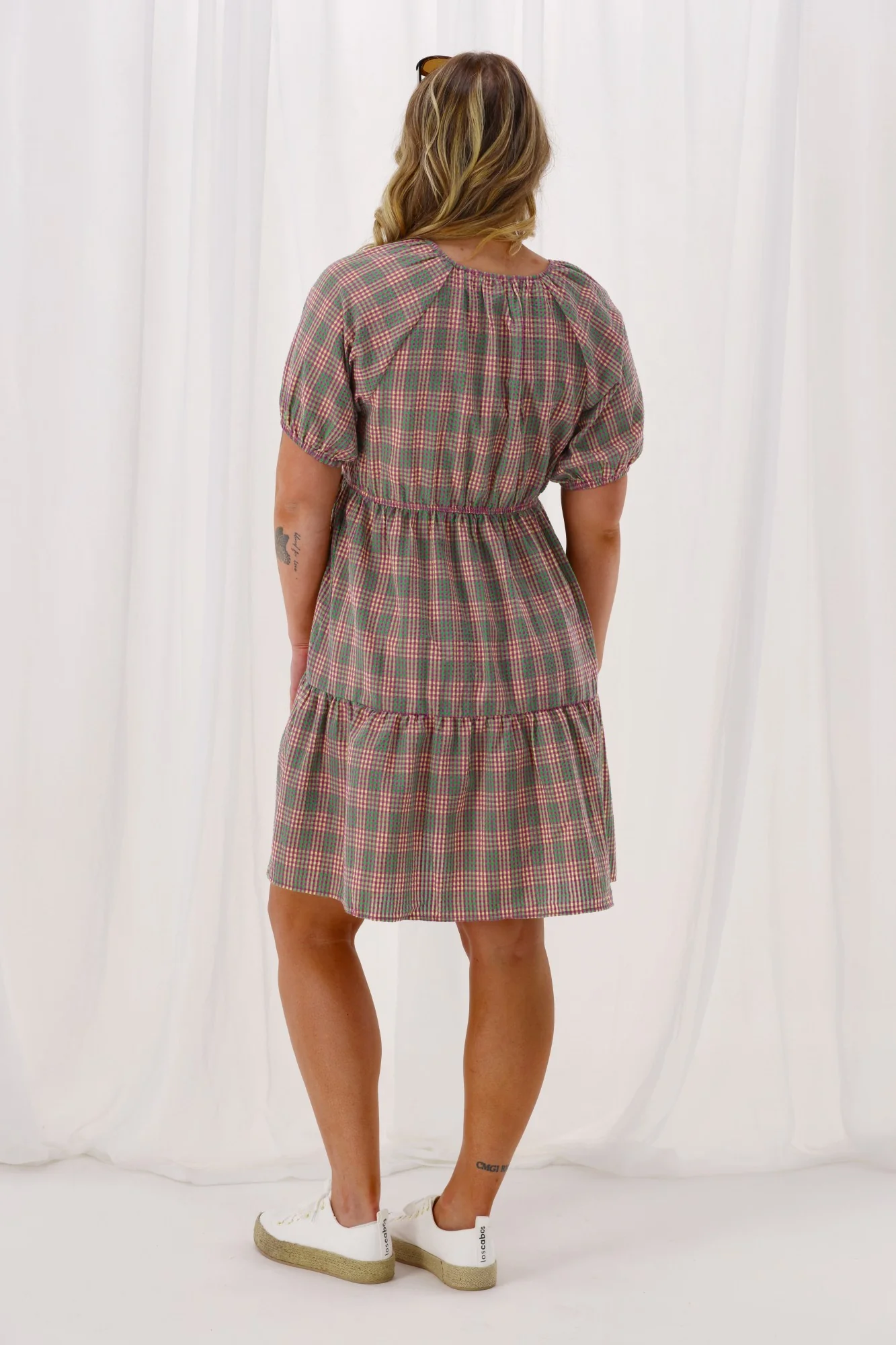 Shine On Label Hampshire Checked Tier Dress Pink Green - Image 6
