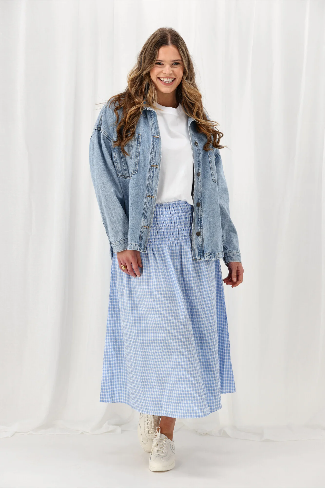 Shine On Label Haylene Shirred Waist Skirt Blue Gingham - Image 6