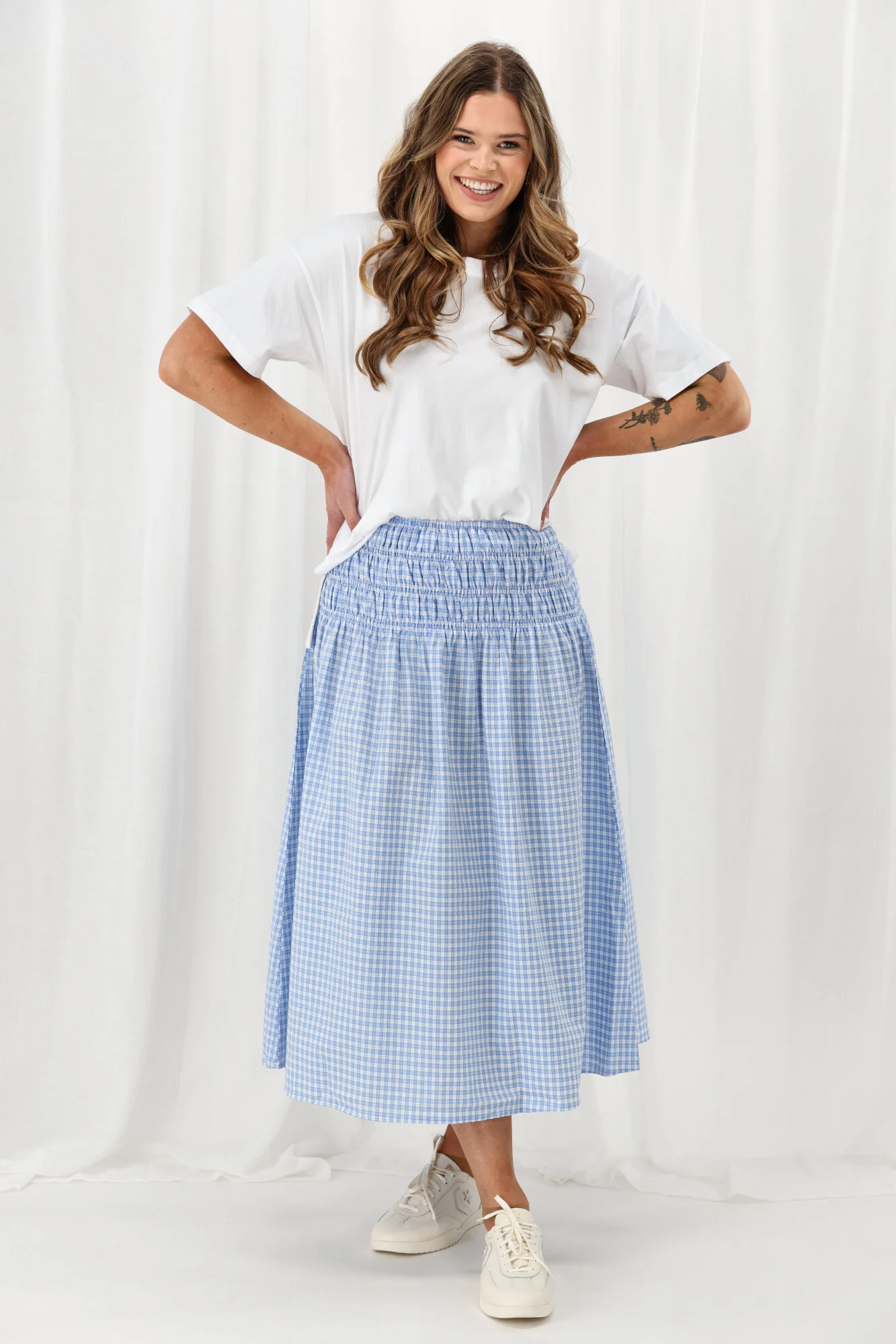 Shine On Label Haylene Shirred Waist Skirt Blue Gingham - Image 7