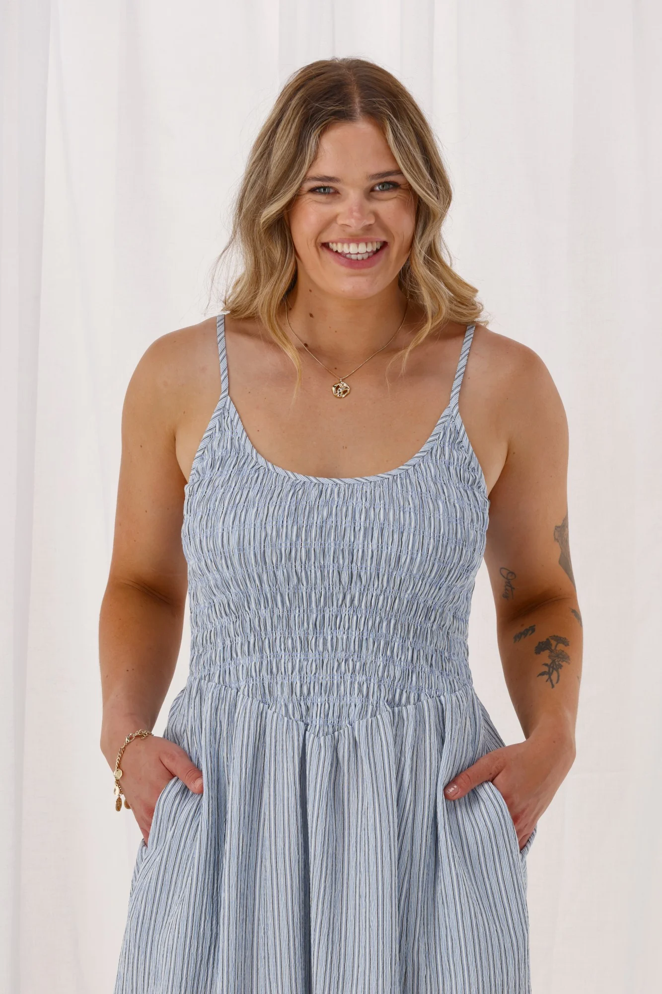 Shine On Label Helena Shirred Bodice Dress Blue Stripe - Image 2