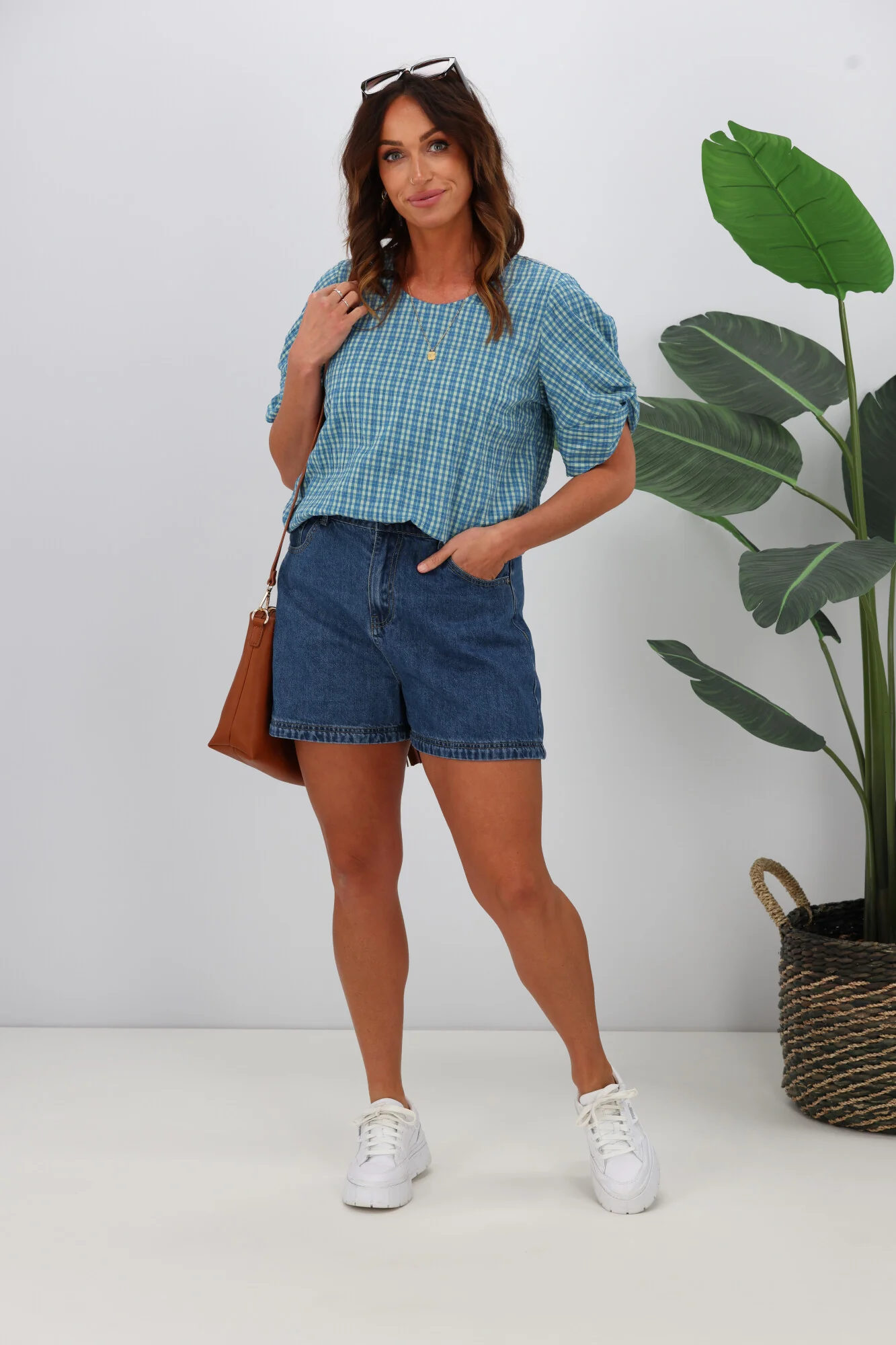 Shine On Label Johanna Twist Sleeve Checked Top Blue - Image 3