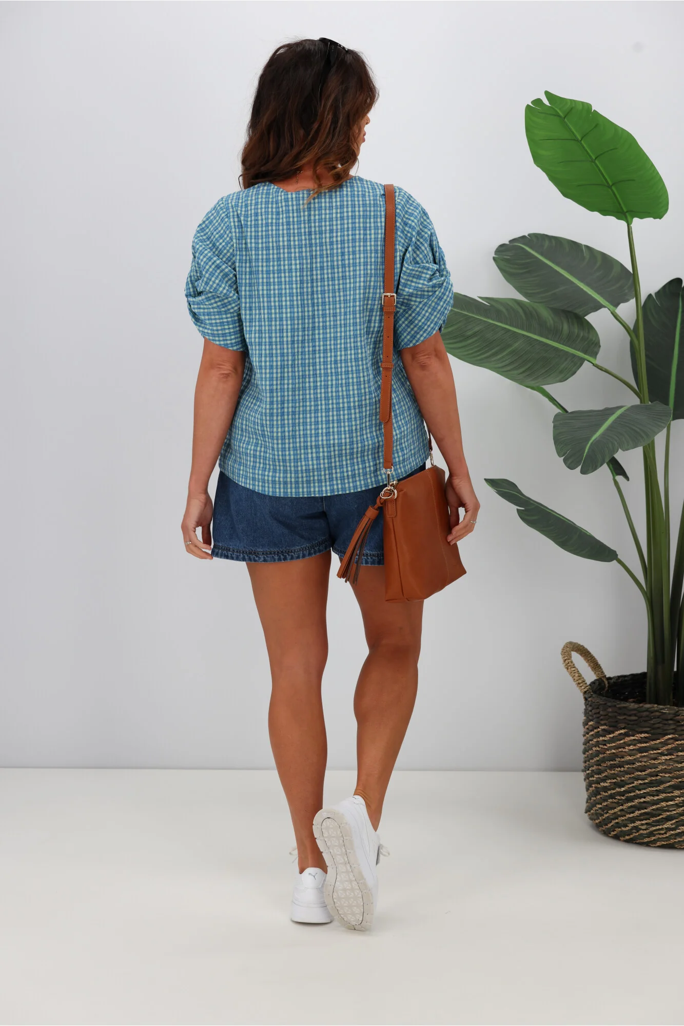 Shine On Label Johanna Twist Sleeve Checked Top Blue - Image 6