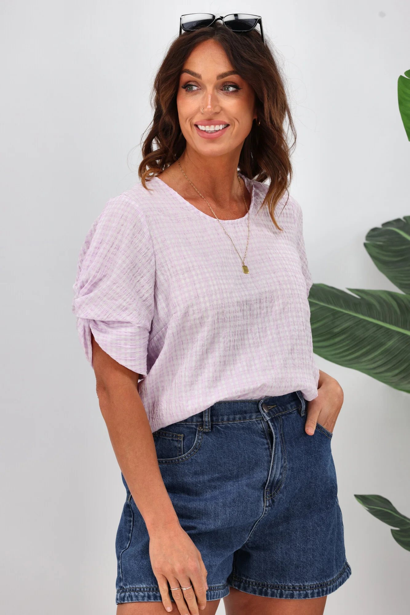 Shine On Label Johanna Twist Sleeve Checked Top Lilac - Image 2