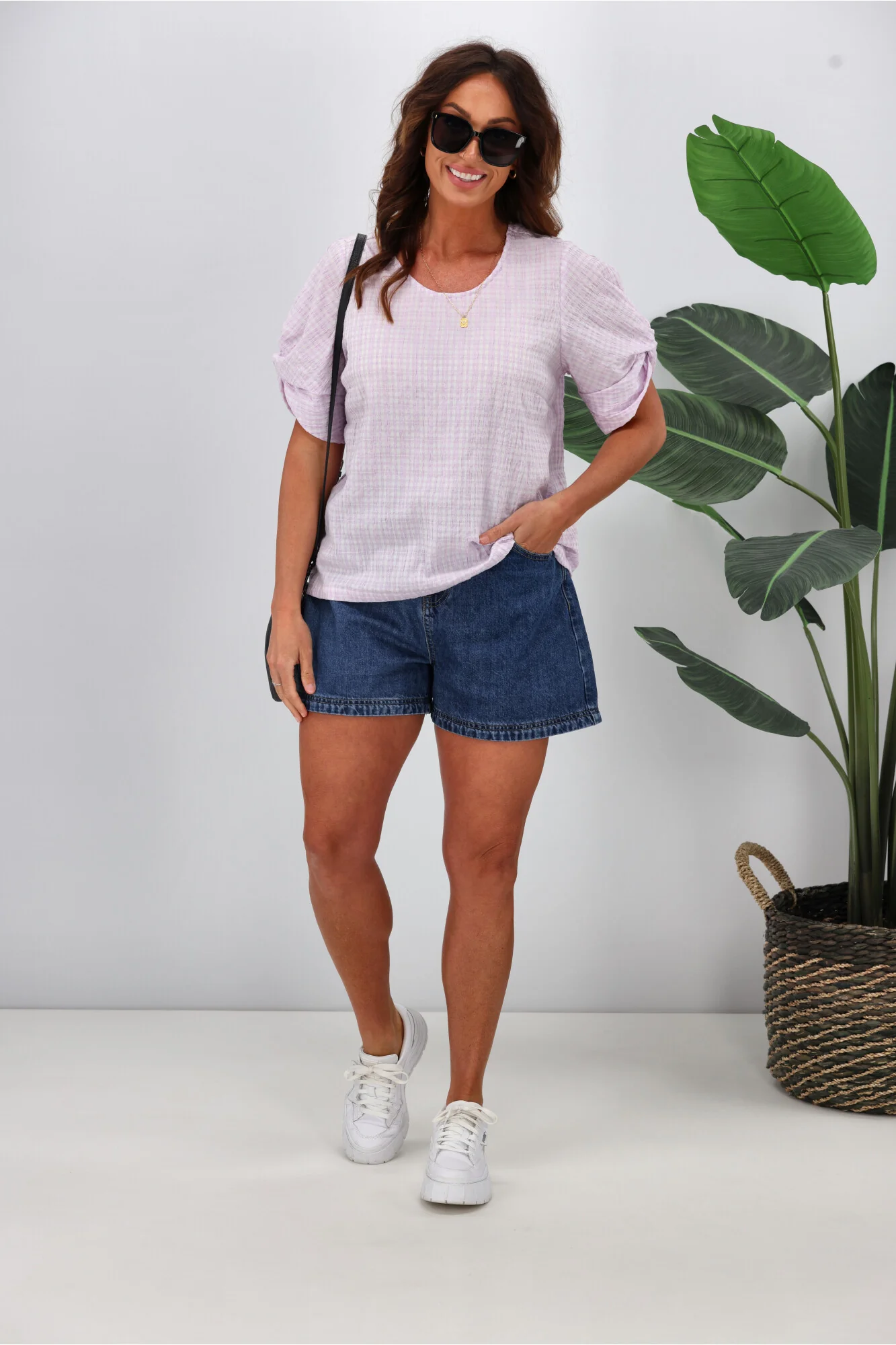 Shine On Label Johanna Twist Sleeve Checked Top Lilac - Image 4