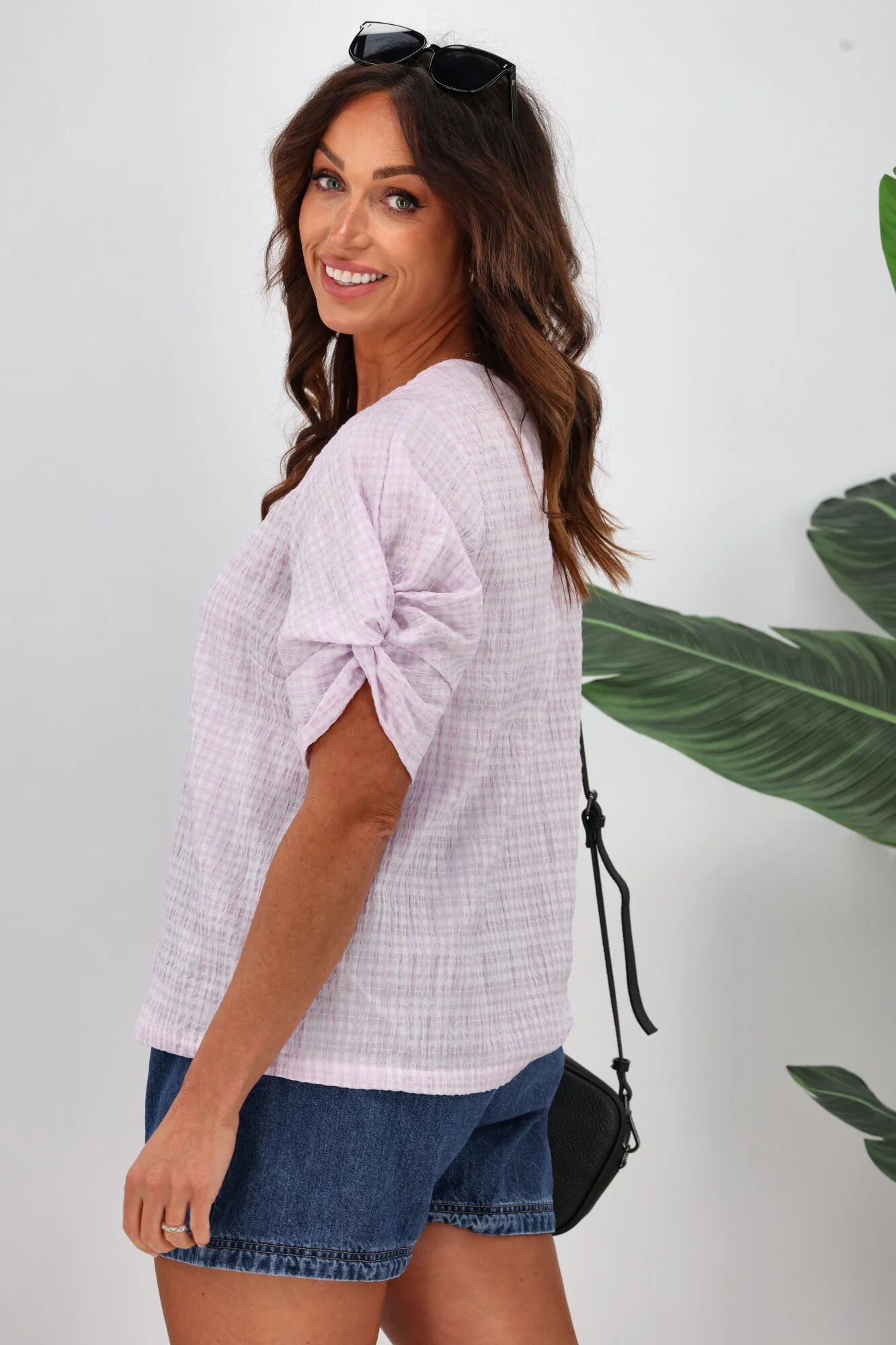 Shine On Label Johanna Twist Sleeve Checked Top Lilac - Image 5