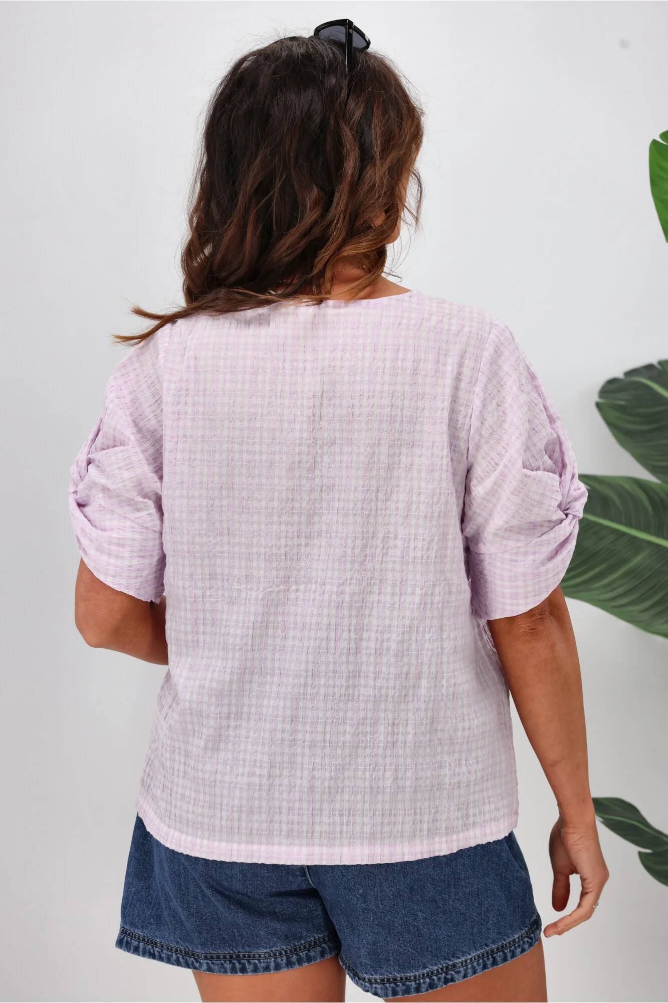 Shine On Label Johanna Twist Sleeve Checked Top Lilac - Image 6