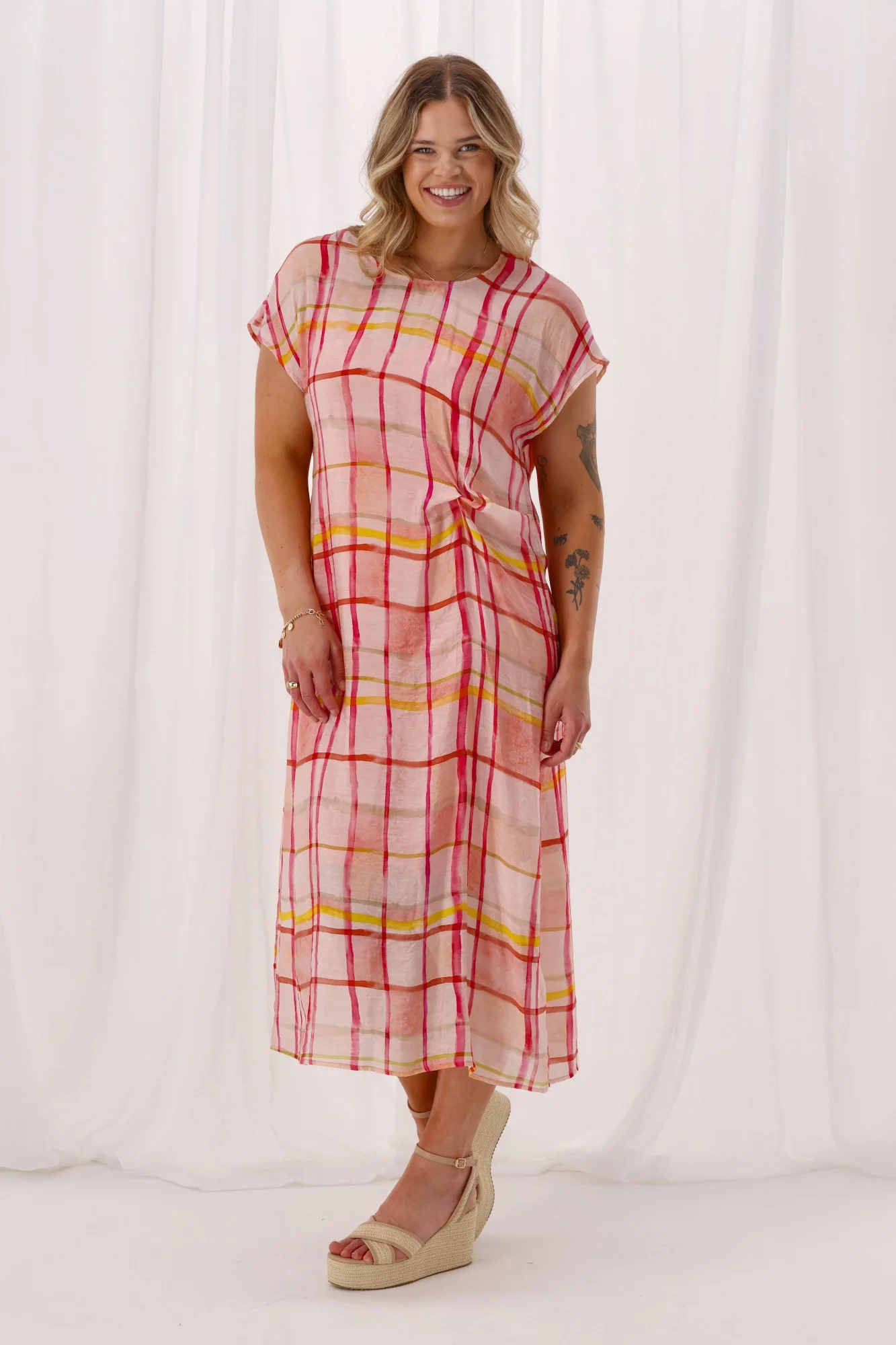 Shine On Label Jordana Side Knot Dress Coral Check - Image 3