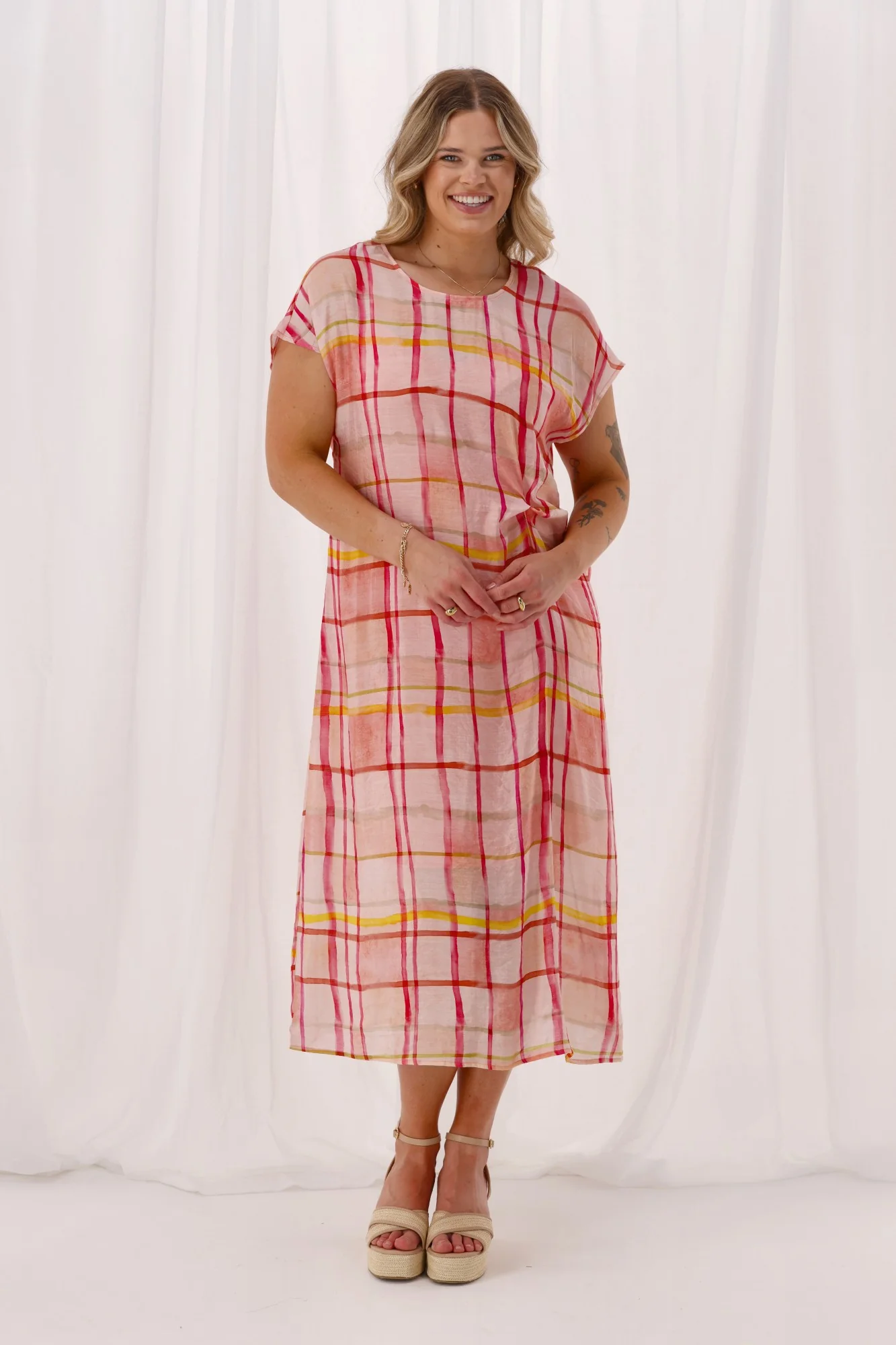 Shine On Label Jordana Side Knot Dress Coral Check - Image 4