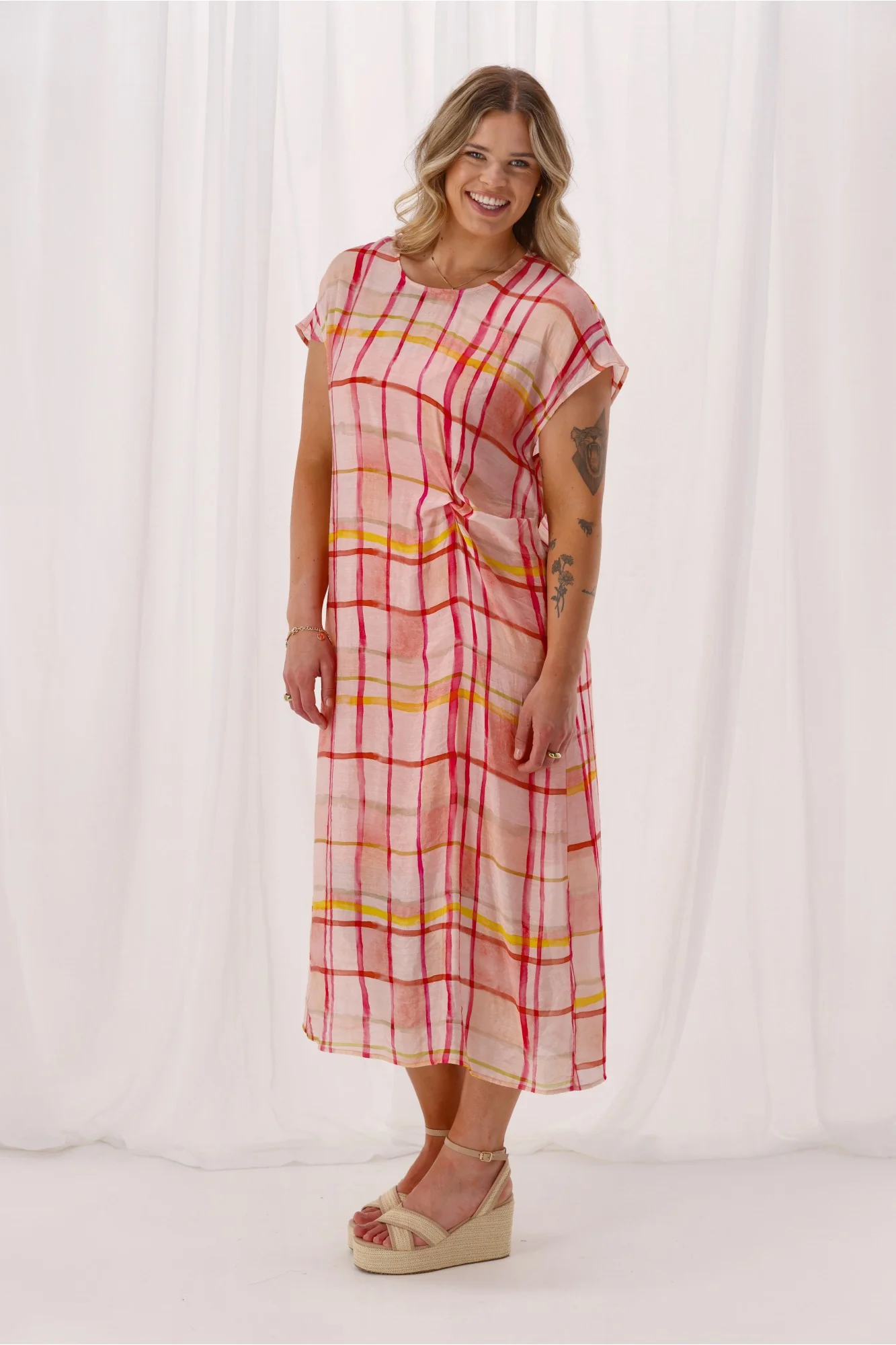 Shine On Label Jordana Side Knot Dress Coral Check - Image 5