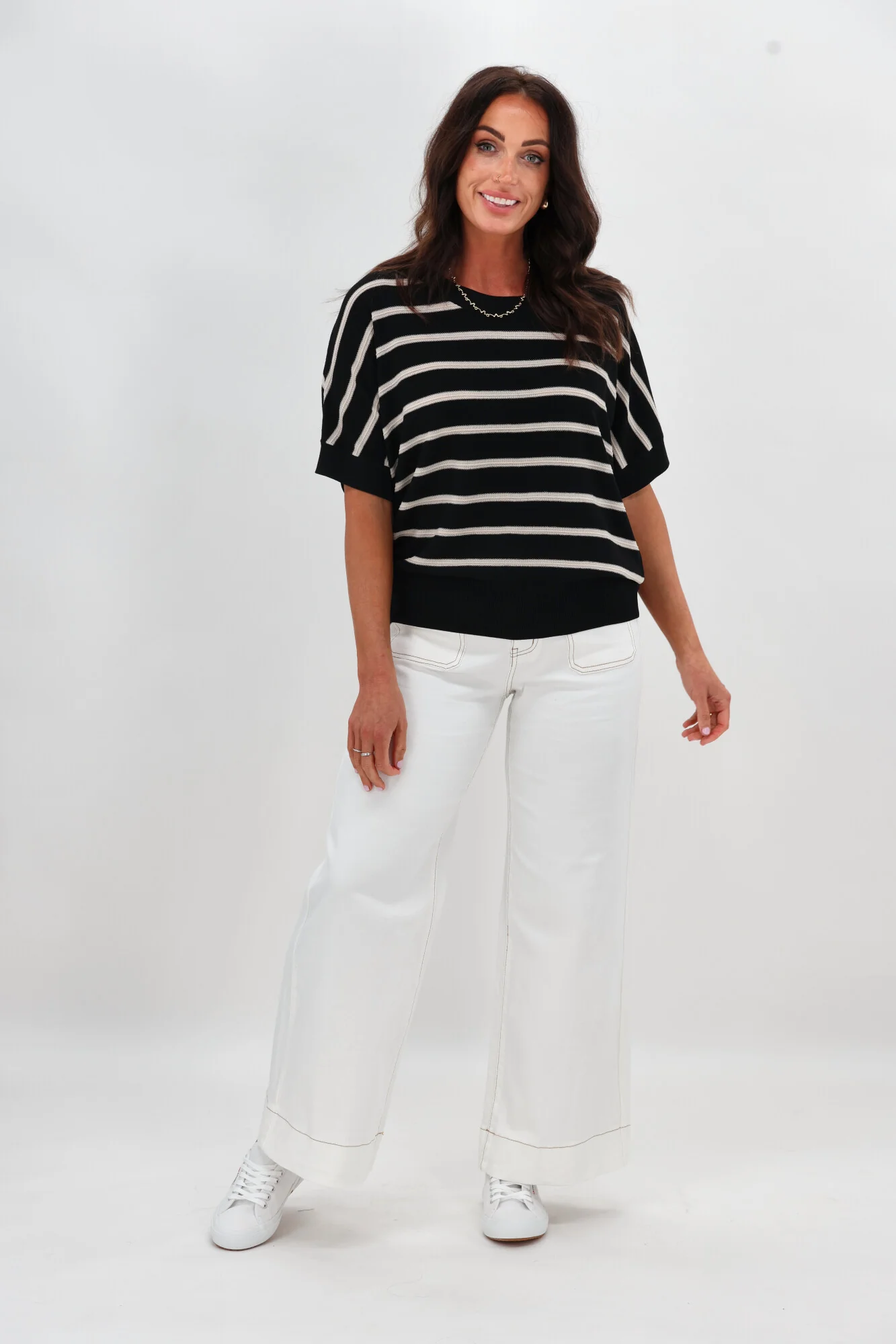 Shine On Label Julie Batwing Top Black Natural Stripe - Image 2