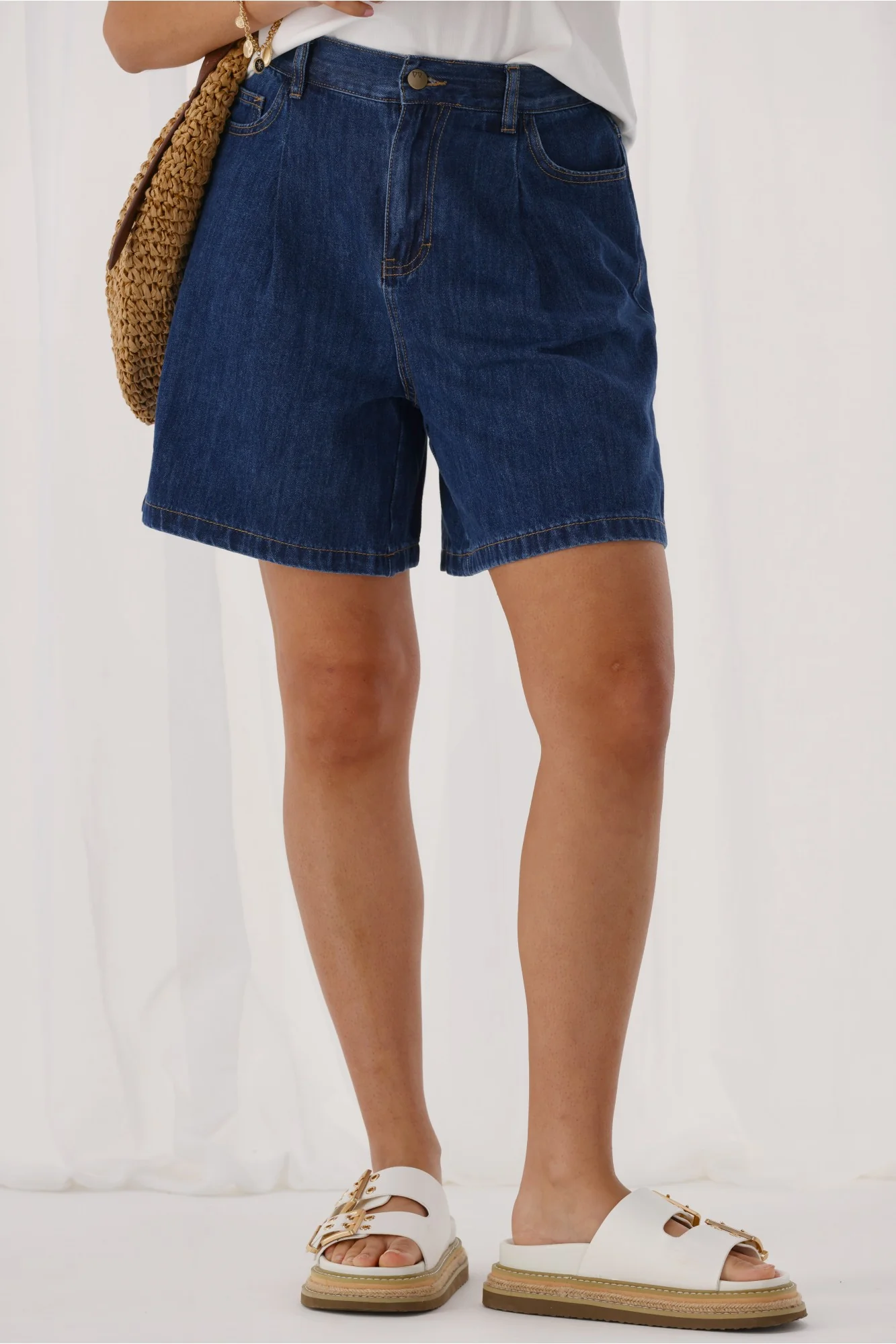 Shine On Label Julieanne Pleat Front Lyocell Long Denim Short Indigo - Image 2
