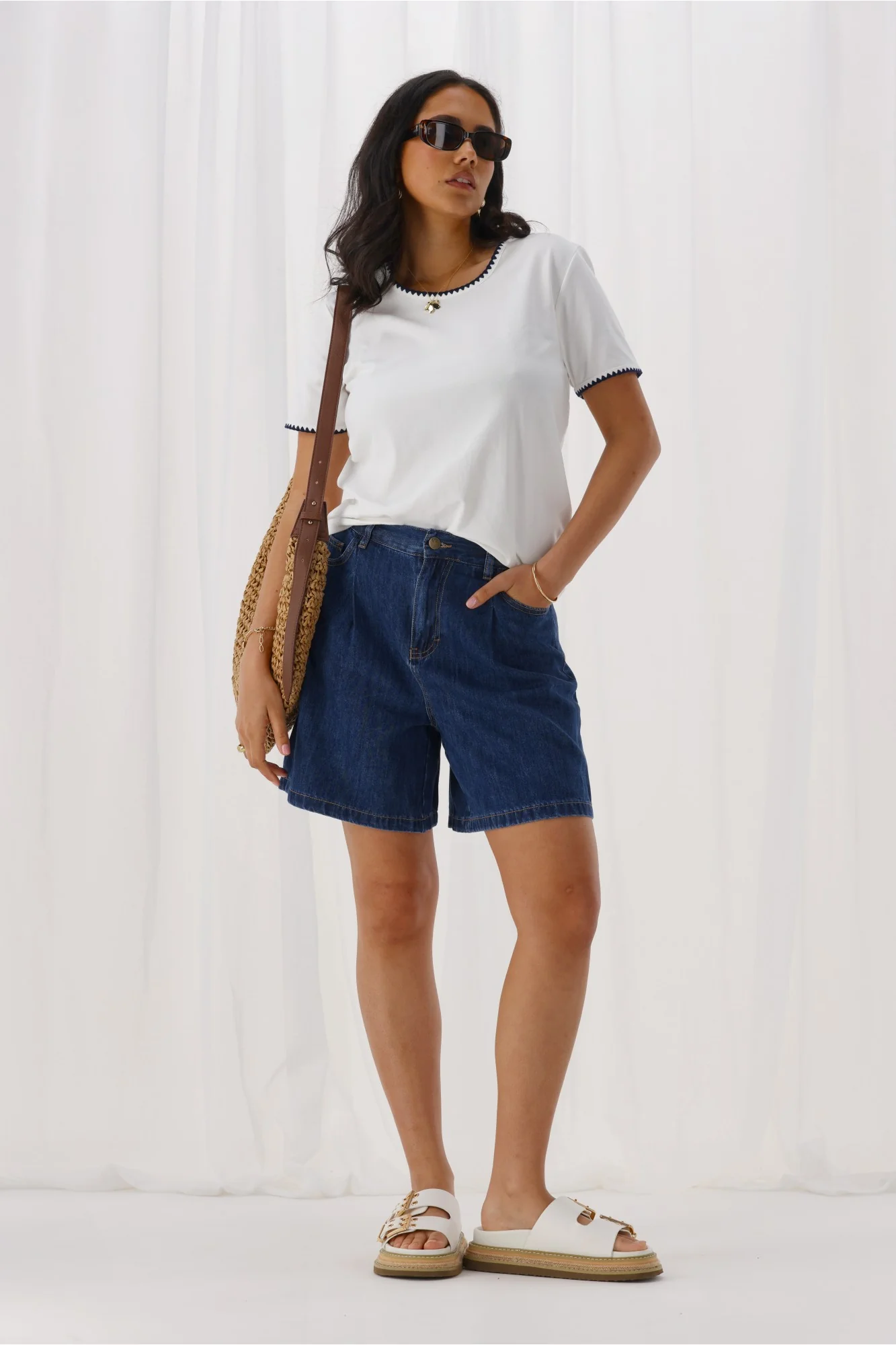 Shine On Label Julieanne Pleat Front Lyocell Long Denim Short Indigo - Image 4