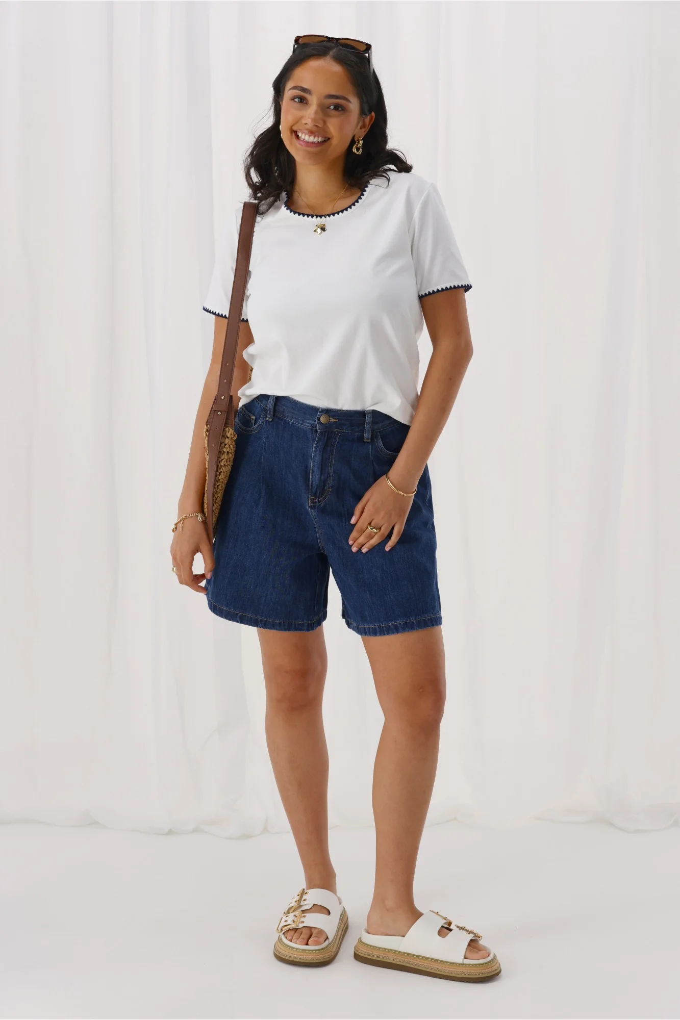 Shine On Label Julieanne Pleat Front Lyocell Long Denim Short Indigo - Image 5