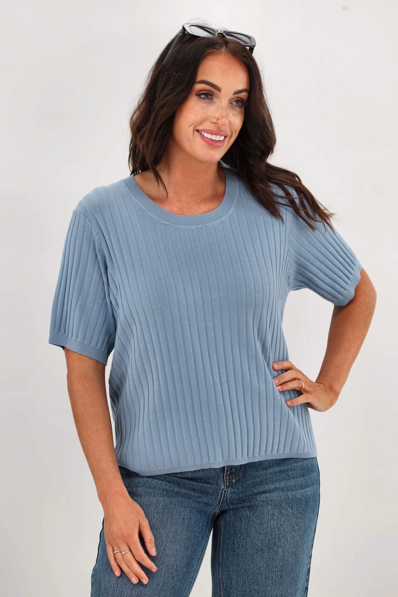 Shine On Label Katie Rib Knit Tee Pale Blue