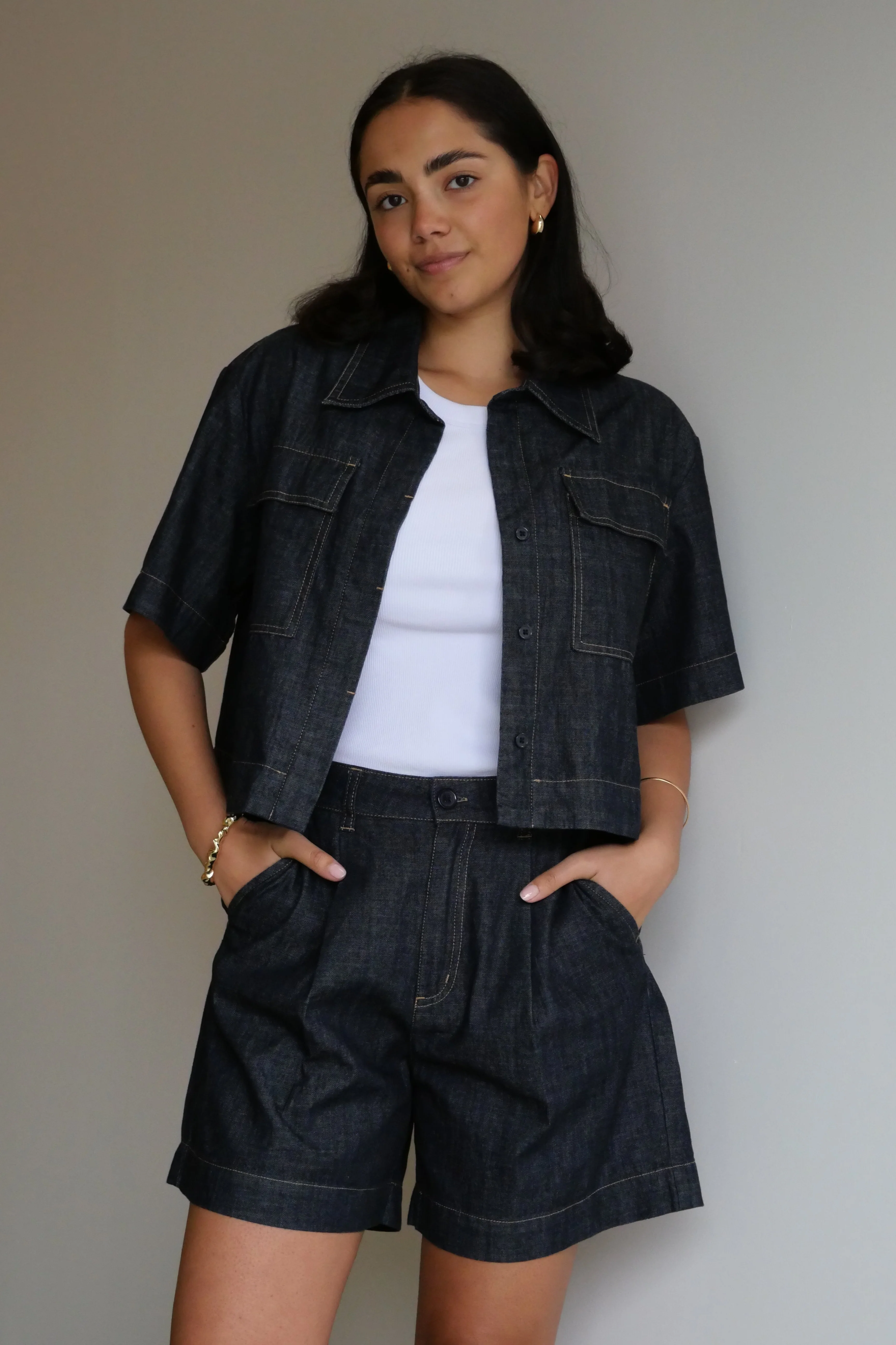 Shine On Label Kayce Rinse Wash Resort Boxy Shacket Dark Indigo - Image 4