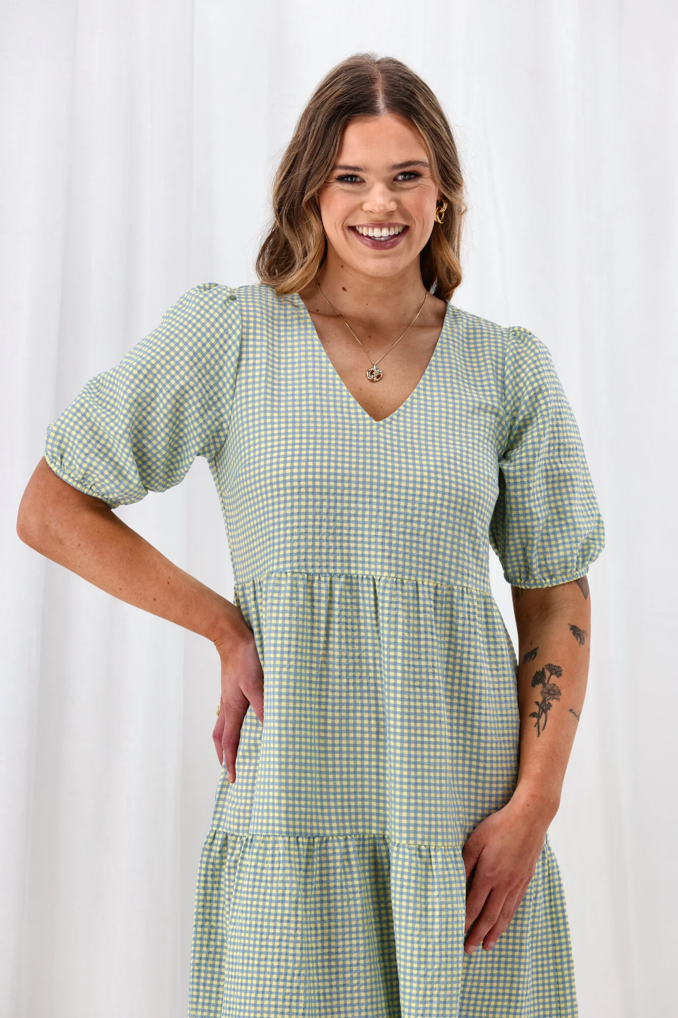 Shine On Label Luca Gingham Tiered Midi Dress Blue Yellow Check - Image 2