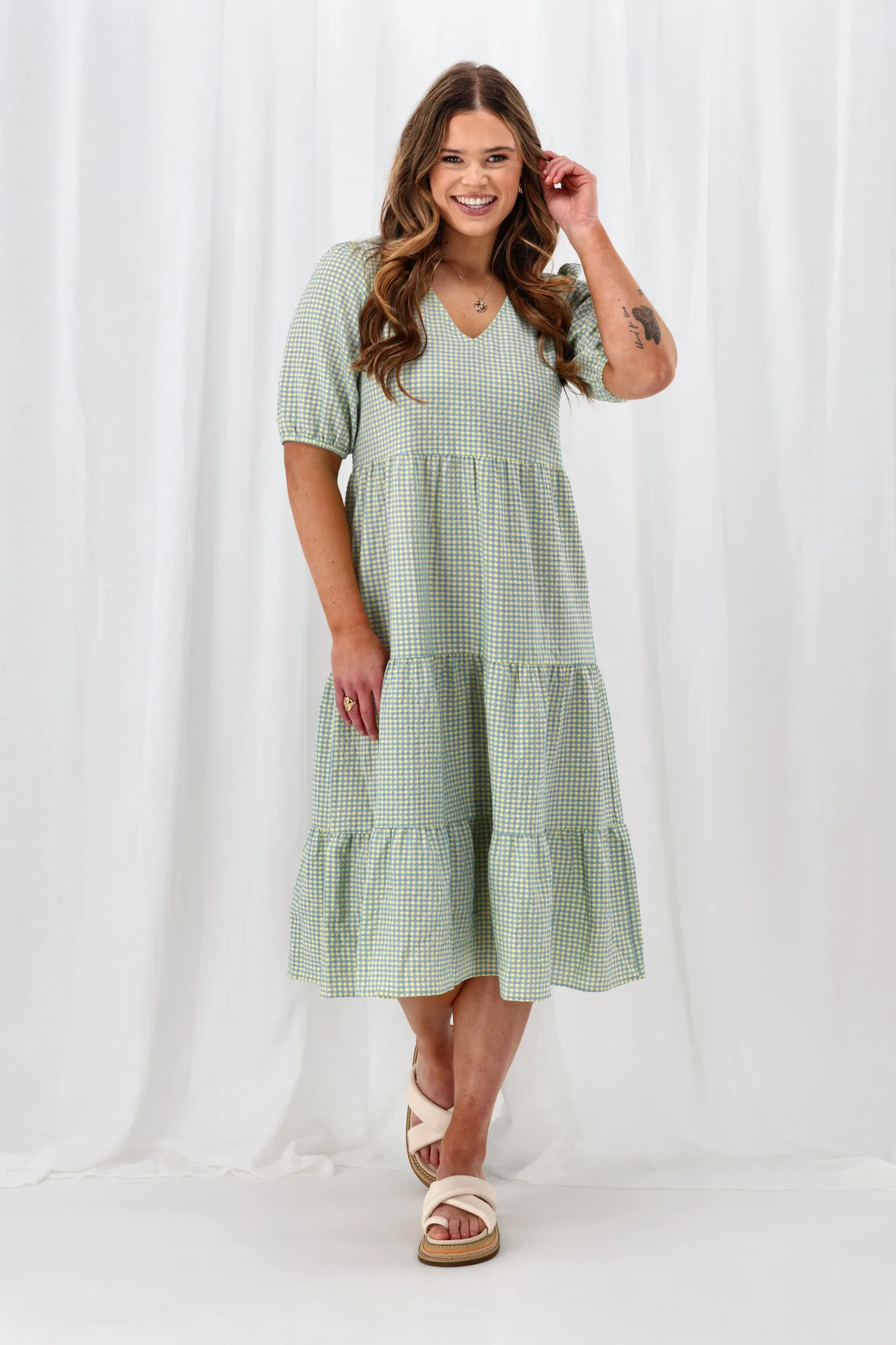 Shine On Label Luca Gingham Tiered Midi Dress Blue Yellow Check - Image 3