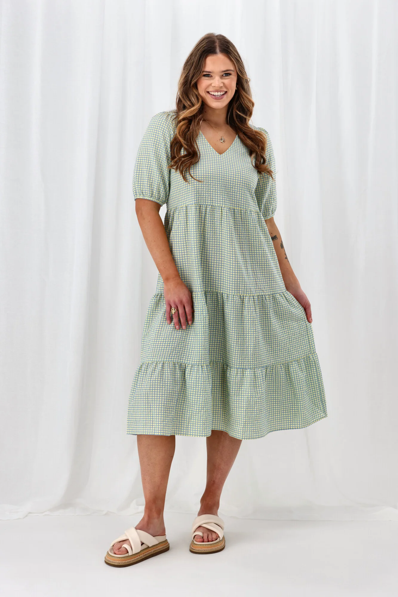 Shine On Label Luca Gingham Tiered Midi Dress Blue Yellow Check - Image 4