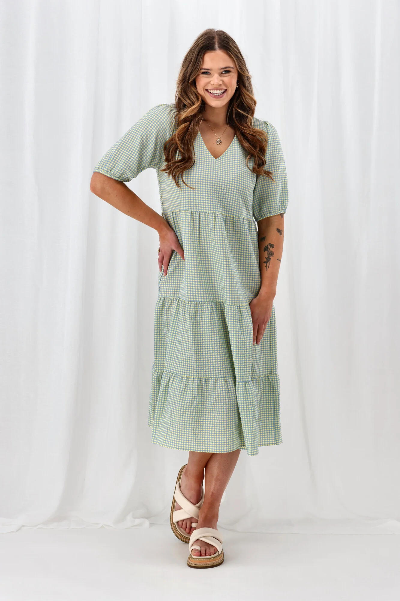 Shine On Label Luca Gingham Tiered Midi Dress Blue Yellow Check - Image 5