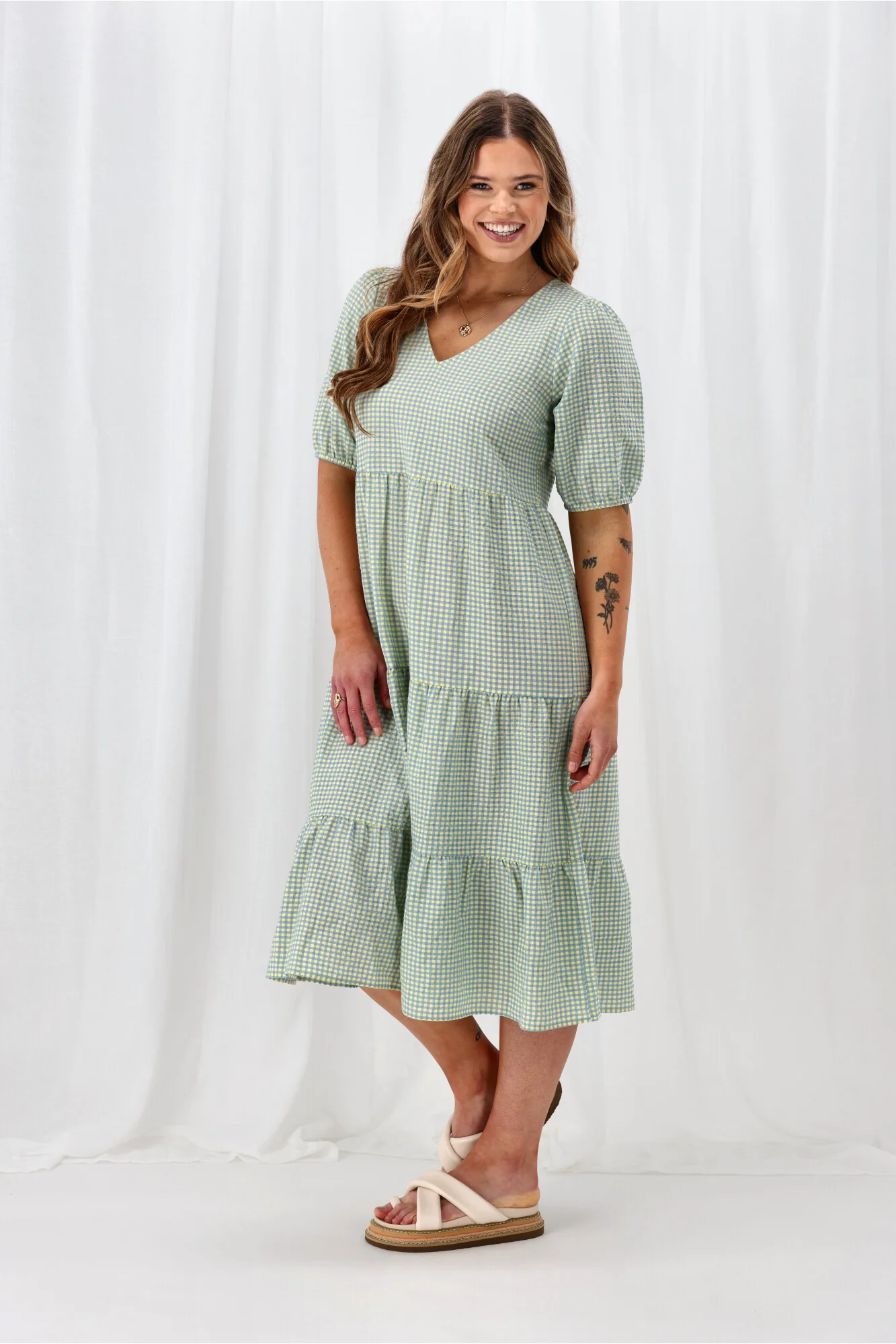 Shine On Label Luca Gingham Tiered Midi Dress Blue Yellow Check - Image 6