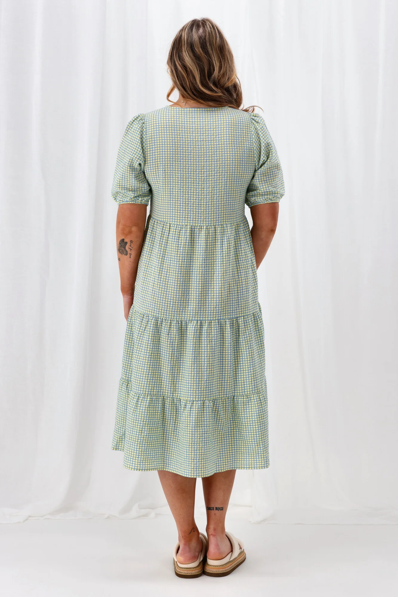 Shine On Label Luca Gingham Tiered Midi Dress Blue Yellow Check - Image 7