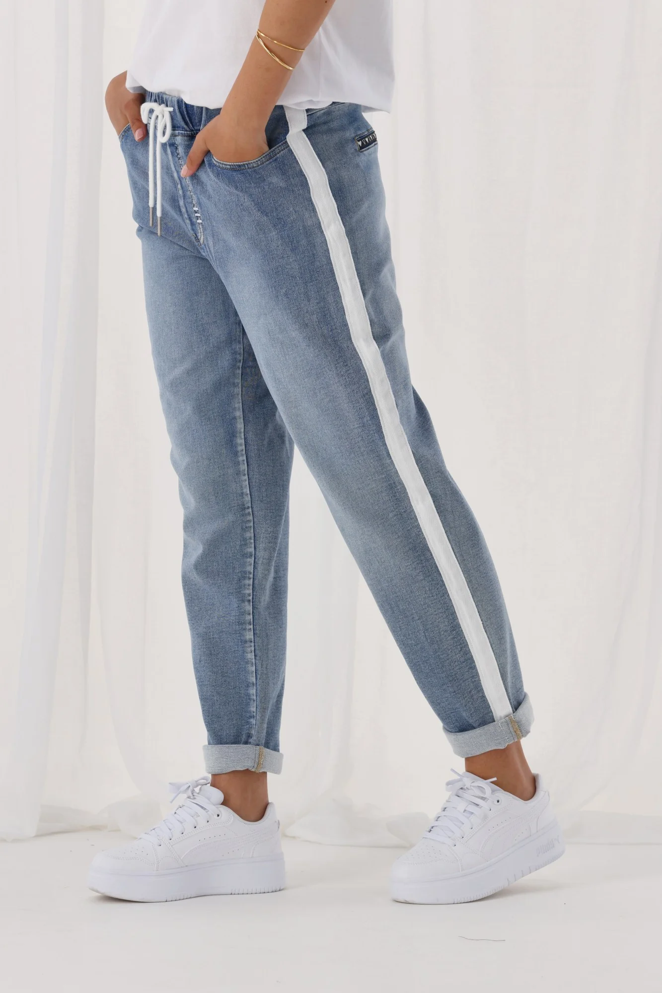 Shine On Label Lyon Collection Denim Jogger Mid Blue w White Tape
